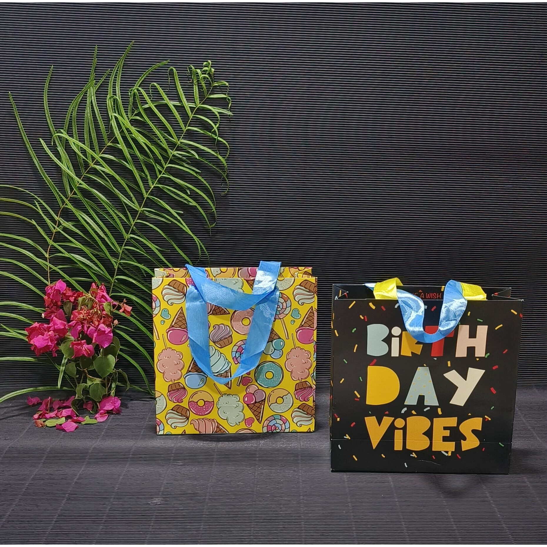 Gift Paper Bag, Sapco Combo, Perfect For Gifting, Return Gift &quotIce Cream Doughnut Candies & Birthday Vibes"  Small Size(2 Designs X 5Pcs  Pack Of 10)