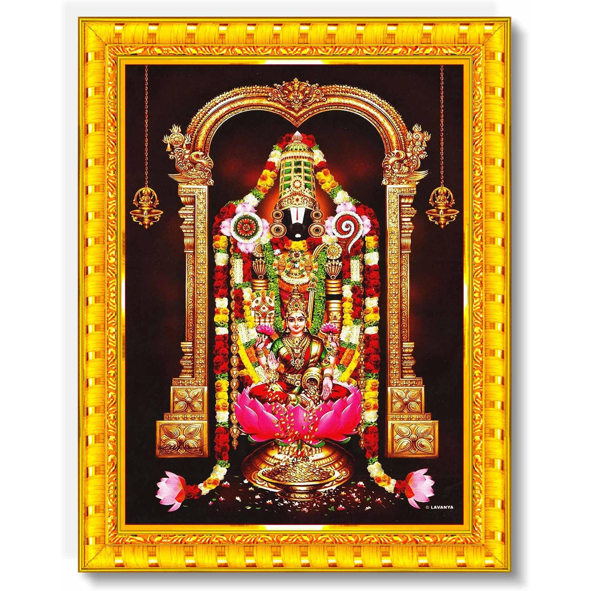 Pavan Photo Laminations Tirupati Balaji Lakshmi Venkateshwara Swamy Wall Painting Framed Home Decor (Wood,Matte,Gold,Big Size,10 X 12 Inch) R461M