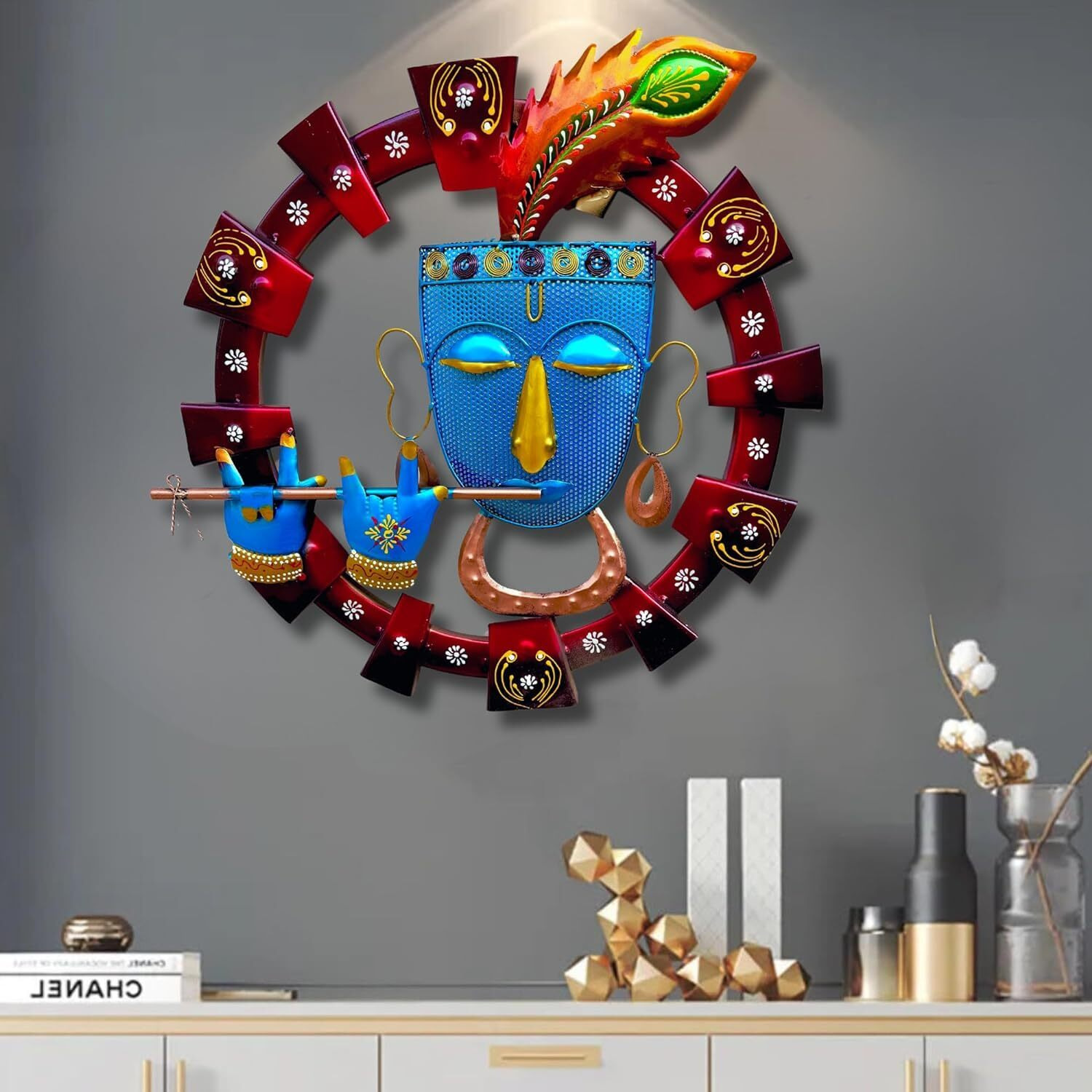 Anshika International Krishna Playing Basuri Metal Wall Art Frame, Wall Sculpture For Living Room, Mandir, Dining Room, Office Wall Hanging For Home Decor (Size 20X20 In)