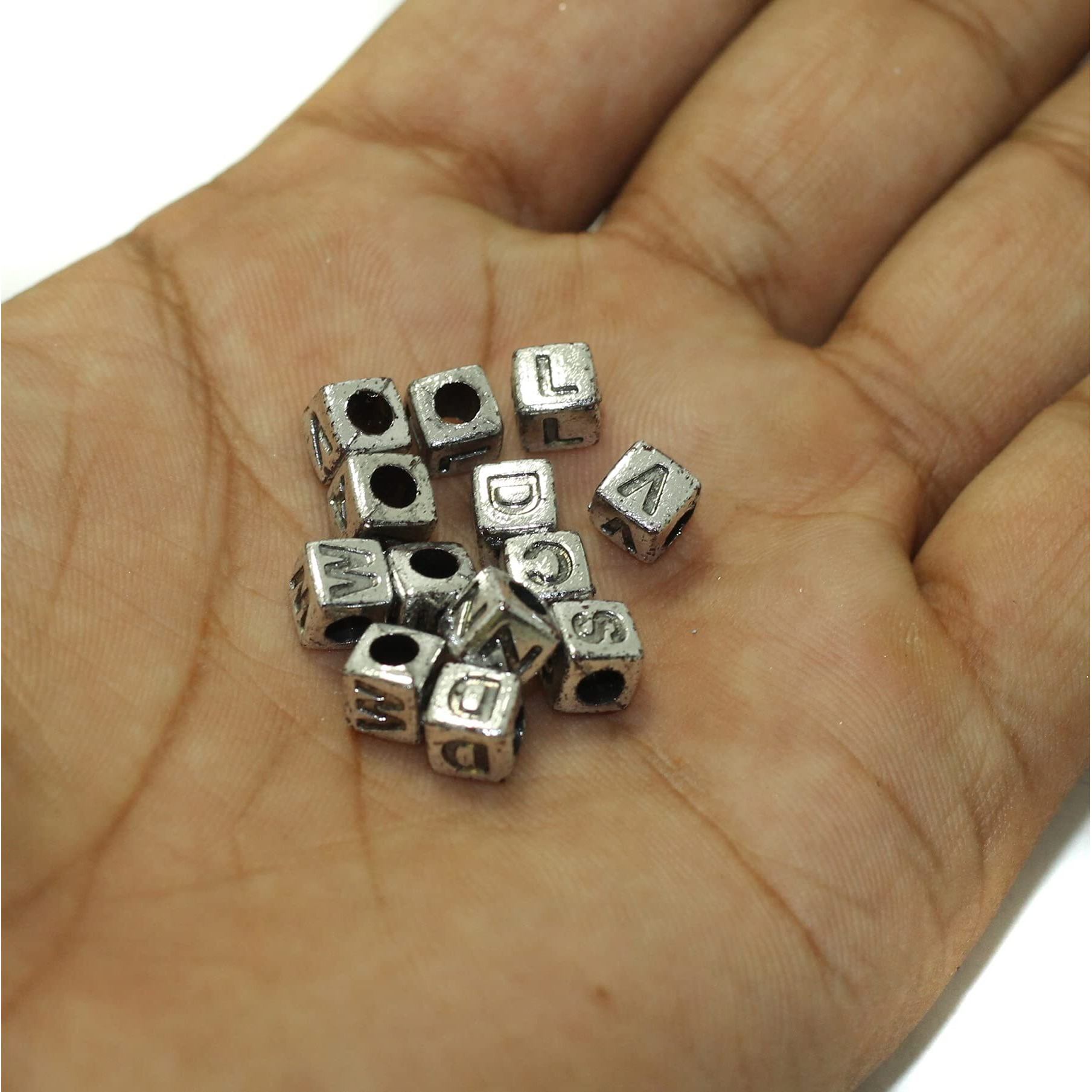 Beadsnfashion 500 Pcs Acrylic Round A To Z Alphabet Letter Beads Silver 6Mm 10 Mtrs Crystal String Elastic Cord For Jewellery Making, Diy Bracelets, Necklace, Key Chains And Kids Jewellery