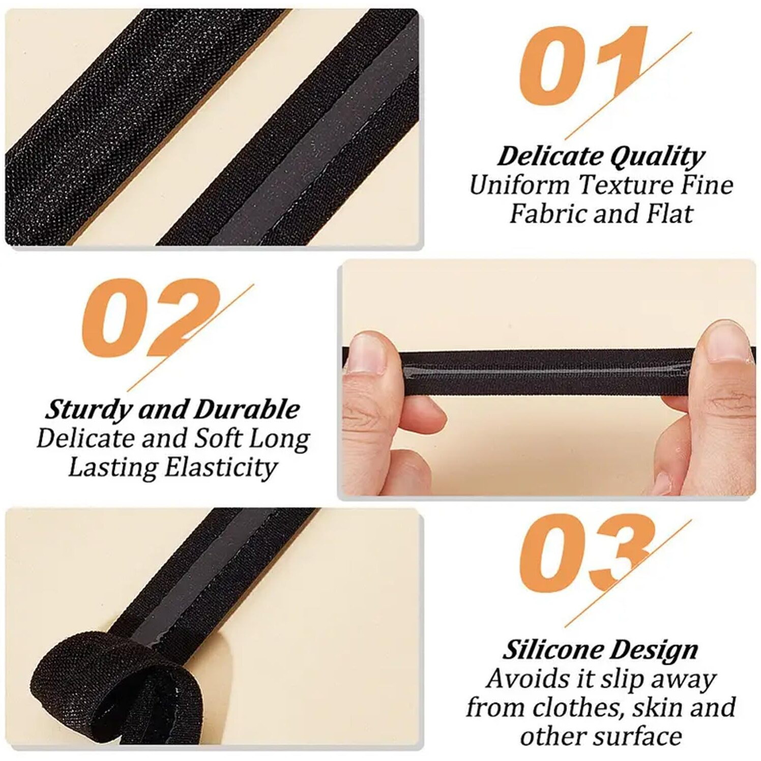 Aakriti Silicone Gel Elastic Stretchy Silicone Elastic Tape 10Mm Wide Non-Slip Gripper Elastic Cord For Underwear, Bra, Lingerie, Handcrafts, Bags, Belts, Shoes, Garments - Black 10 Metres