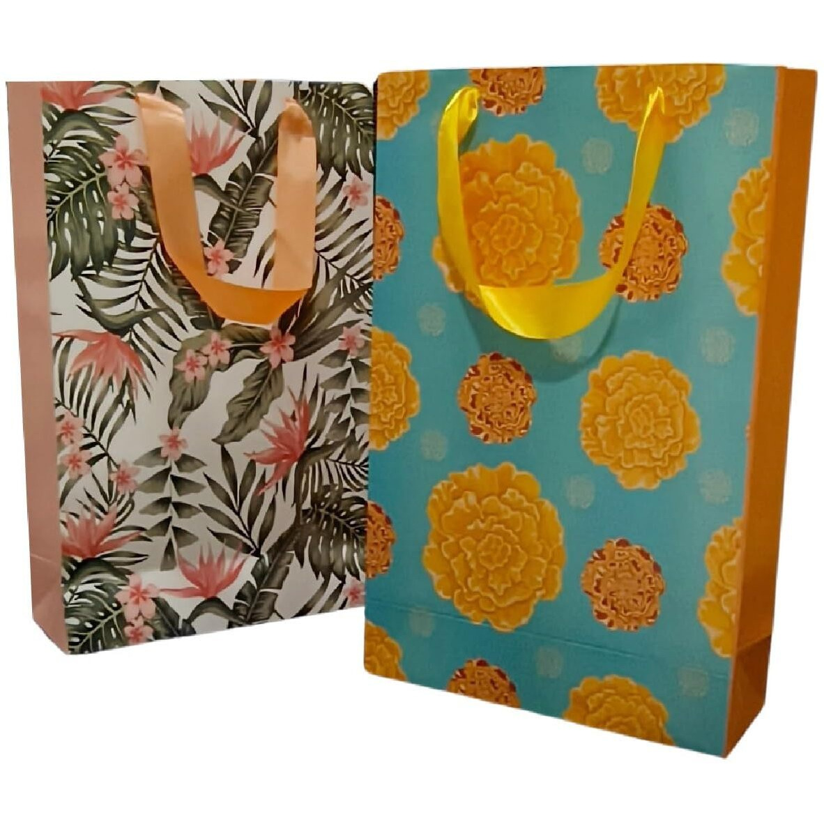 Sapco Gift Paper Bag Combo,Perfect For Gifting,Return Gifts &quotMarigold Flowers&Tropical Bliss"-Medium Size(2 Designs X 5Pcs  Pack Of 10)