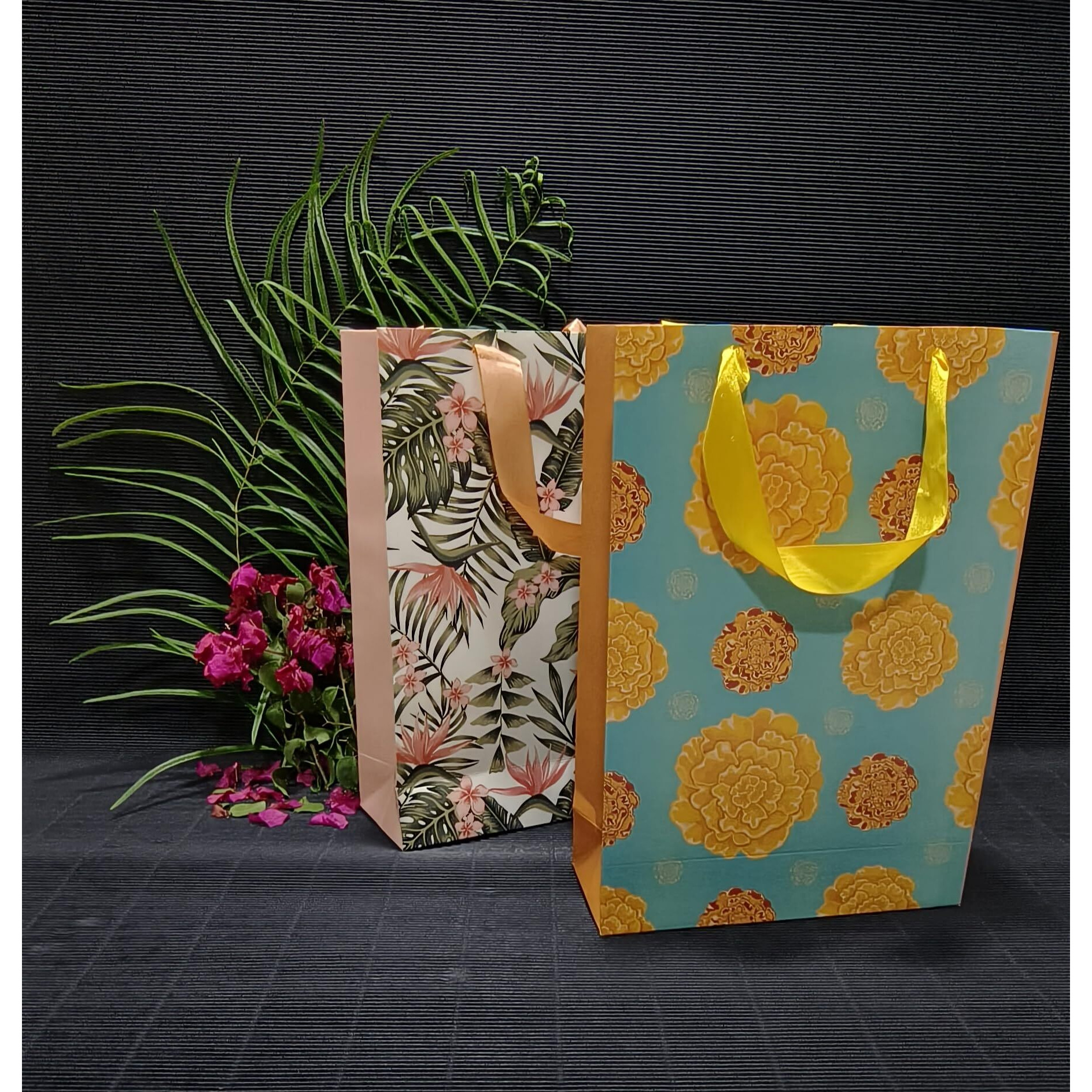 Sapco Gift Paper Bag Combo,Perfect For Gifting,Return Gifts &quotMarigold Flowers&Tropical Bliss"-Medium Size(2 Designs X 5Pcs  Pack Of 10)