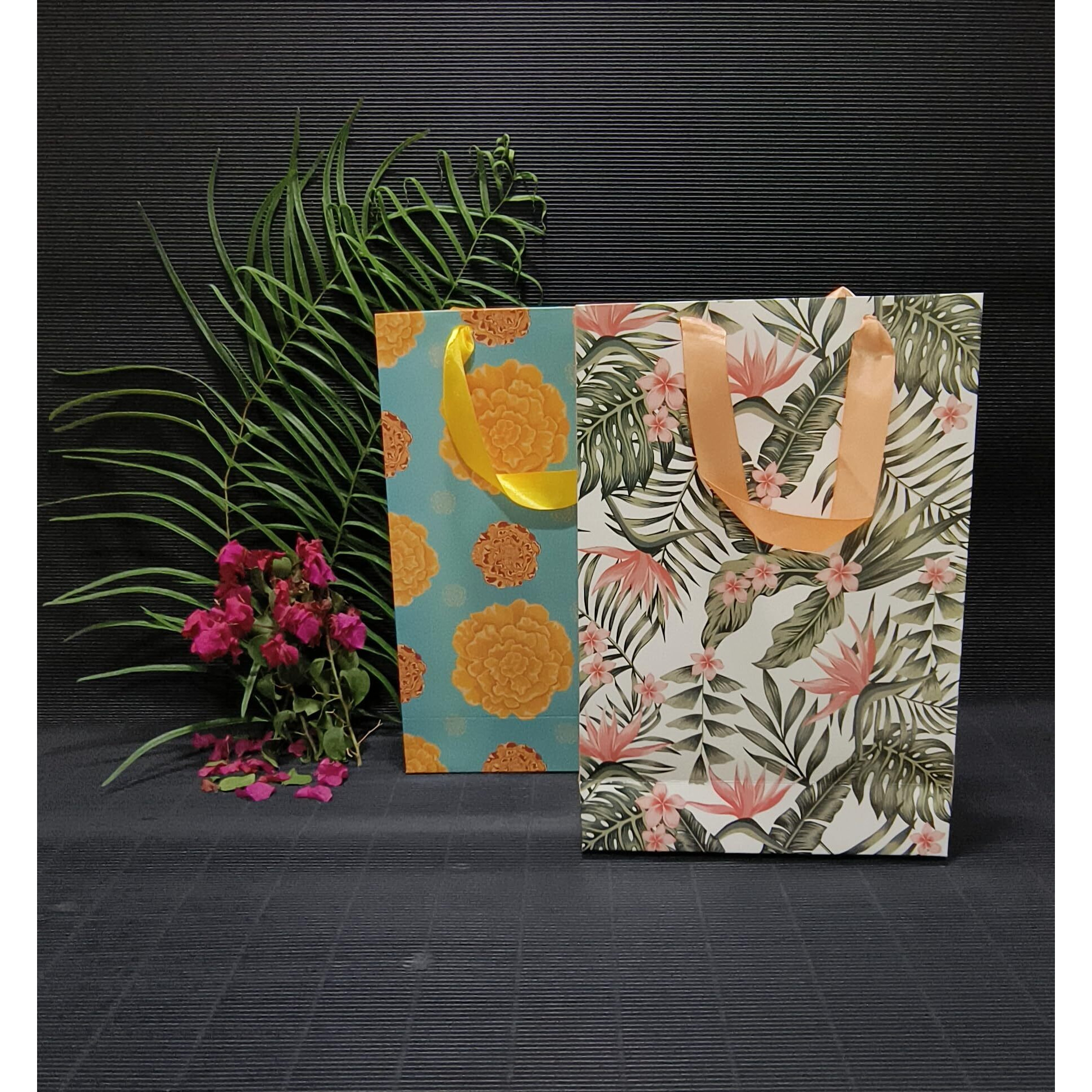 Sapco Gift Paper Bag Combo,Perfect For Gifting,Return Gifts &quotMarigold Flowers&Tropical Bliss"-Medium Size(2 Designs X 5Pcs  Pack Of 10)