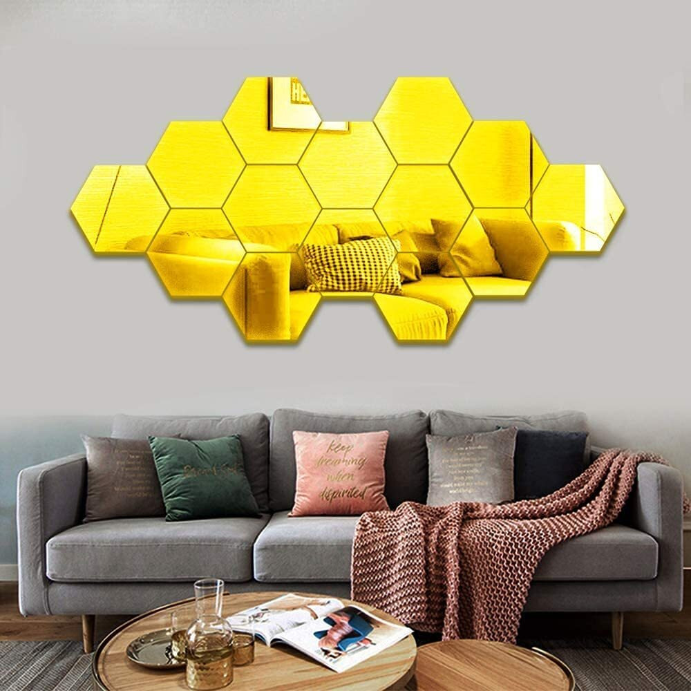 Meraki Mart - Non Glass Wall Mirror Stickers Hexagon Shape Diy Wall Decor Diy Tiles Wall Decor Art For Home, Bedroom, Office, Garden (Gold, Hexagon 14 Pcs)
