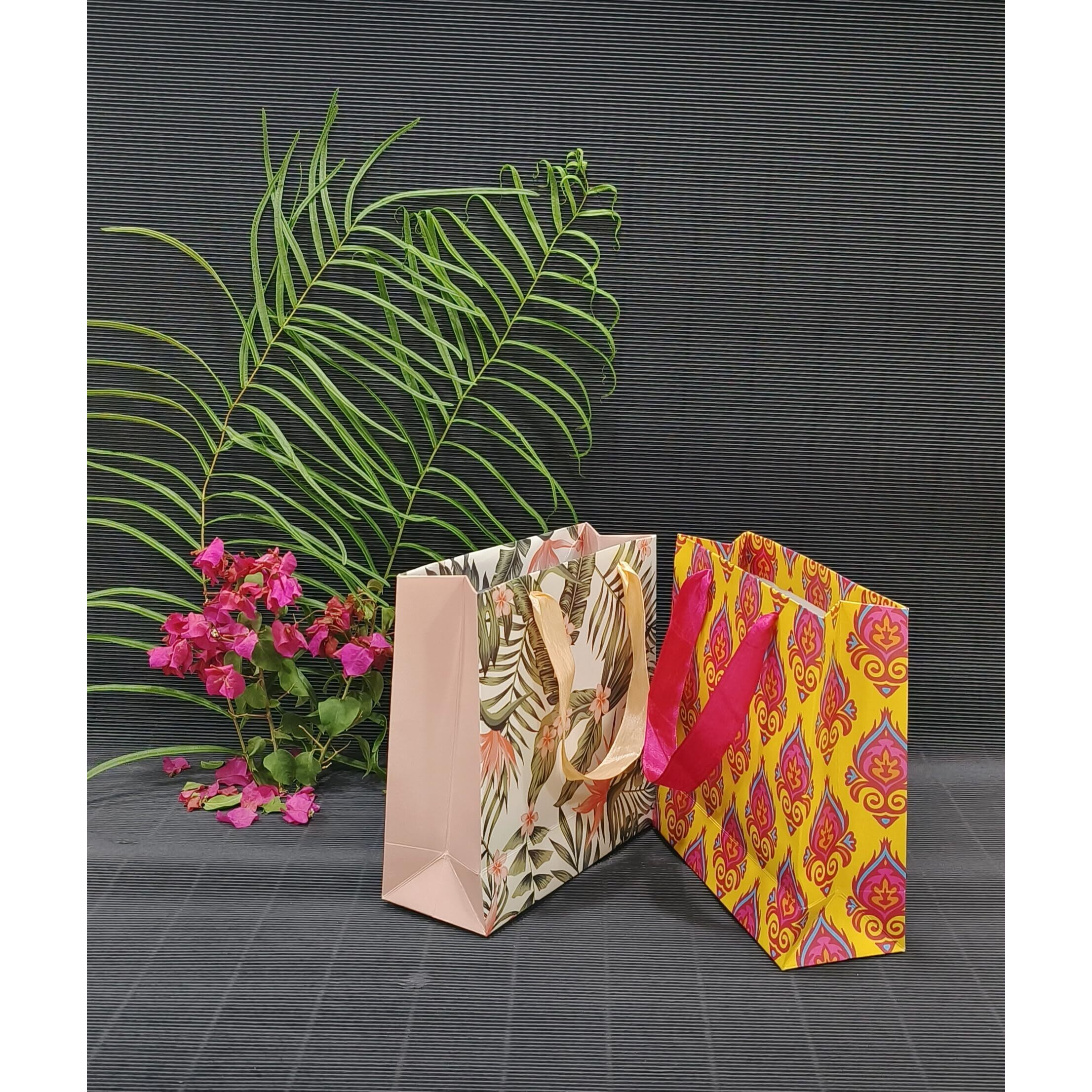 Gift Paper Bag, Sapco Combo, Perfect For Gifting, Return Gift &quotTropical Bliss & Desi Grove"  Small Size(2 Designs X 5Pcs  Pack Of 10)