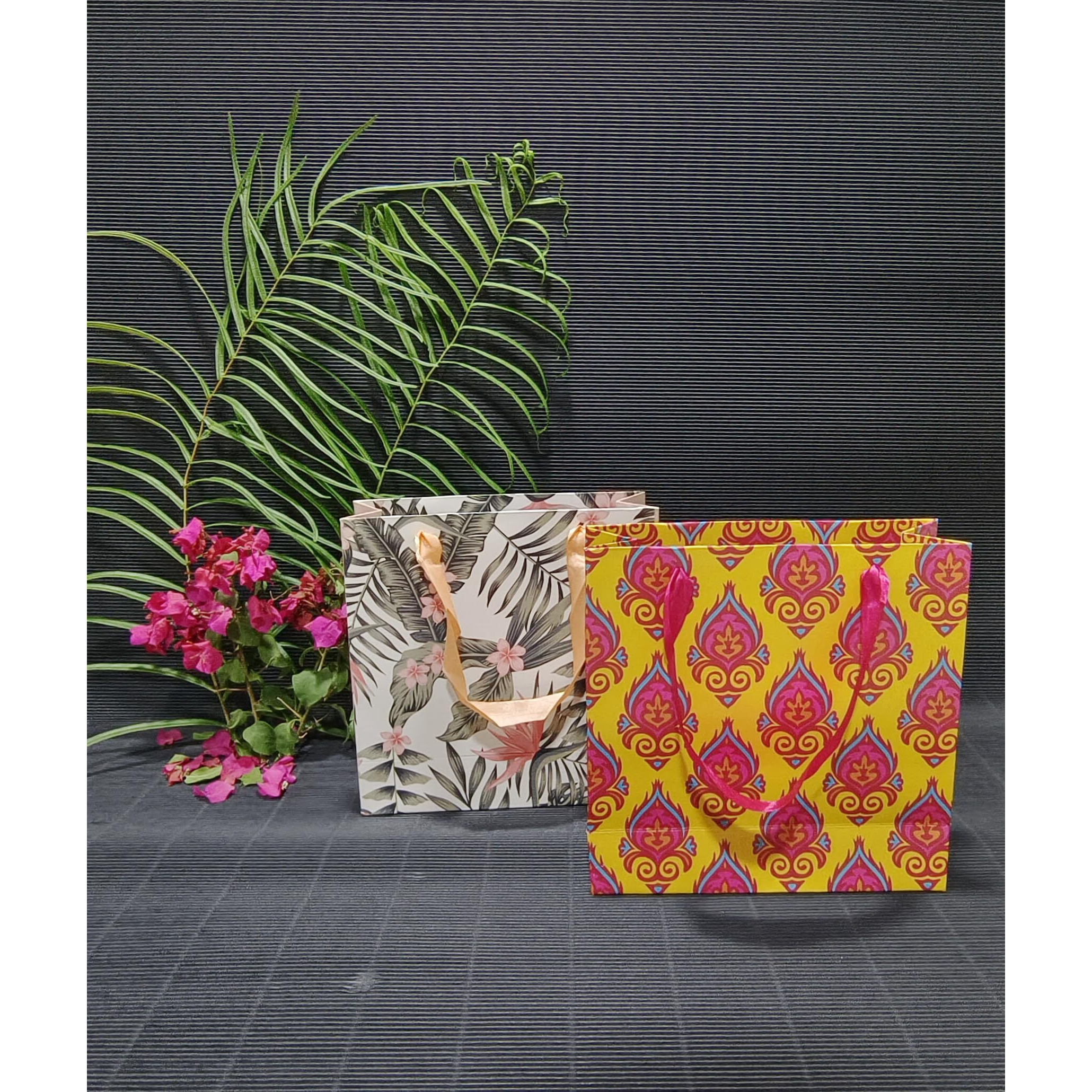 Gift Paper Bag, Sapco Combo, Perfect For Gifting, Return Gift &quotTropical Bliss & Desi Grove"  Small Size(2 Designs X 5Pcs  Pack Of 10)
