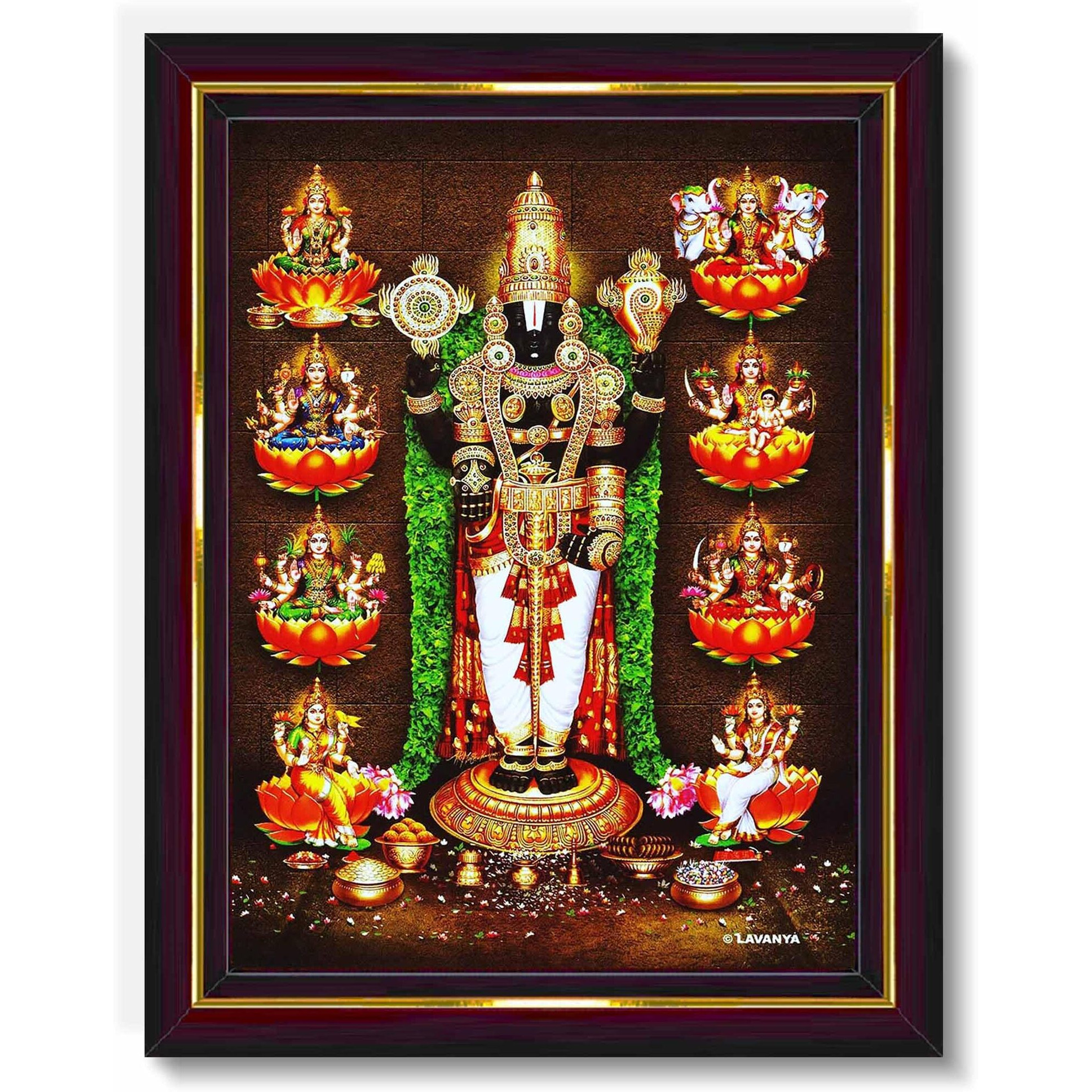 Pavan Photo Laminations Tirupati Balaji Lakshmi Venkateshwara Swamy Wall Painting Framed Home Decor (Wood,Matte,Brown,Small Size,6 X 8 Inch) B471S