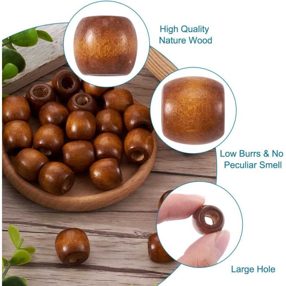 Diy Crafts 130, Large Hole Natural Dyed Wood Beads 16X17Mm Coconutbrown Large Hole Barrel Wooden Spacer Charms Dreadlock Hair Braid Beads For Macrame Rosary Bracelet Anklet Jewelry Craft M (130)