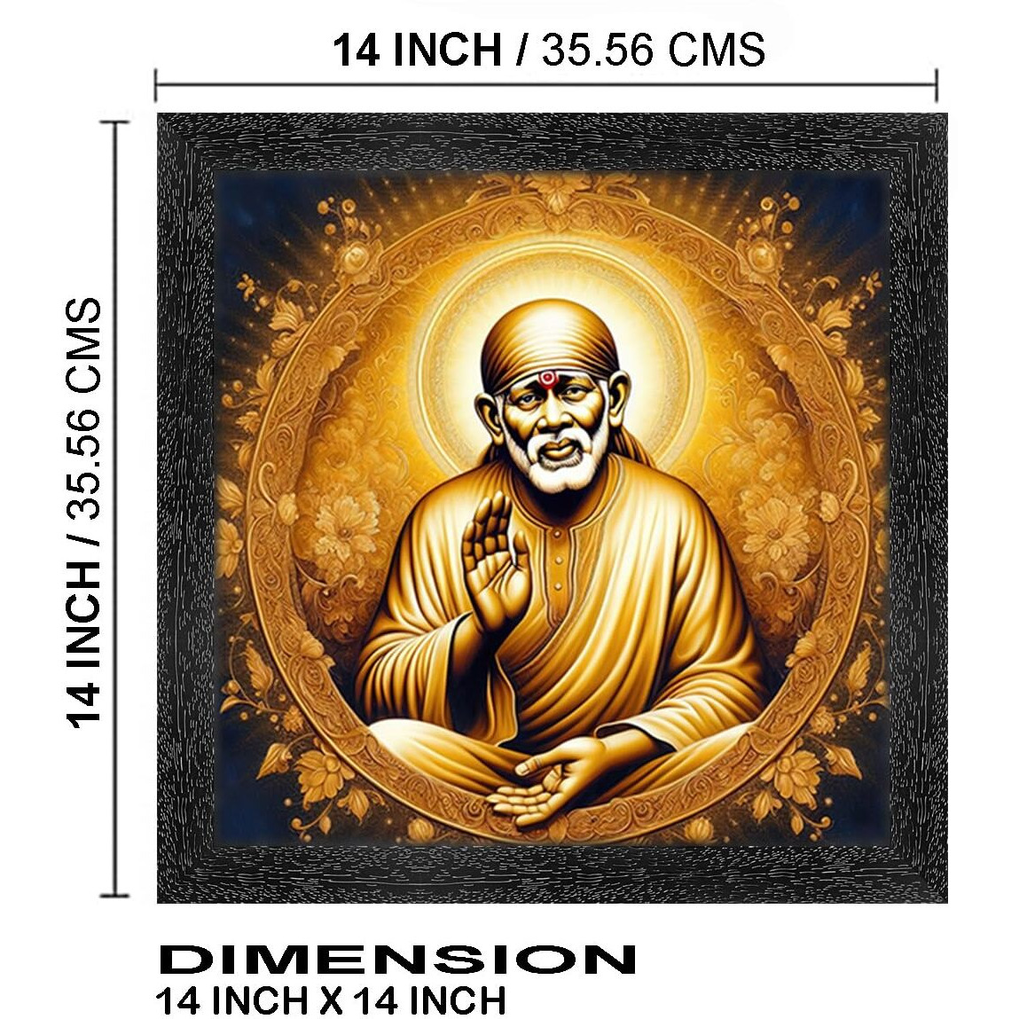 Dharvika Innovations Saibaba Photo Frame, 14X14 Inch, Black Synthetic Frame With Sparkle Coated Lamination
