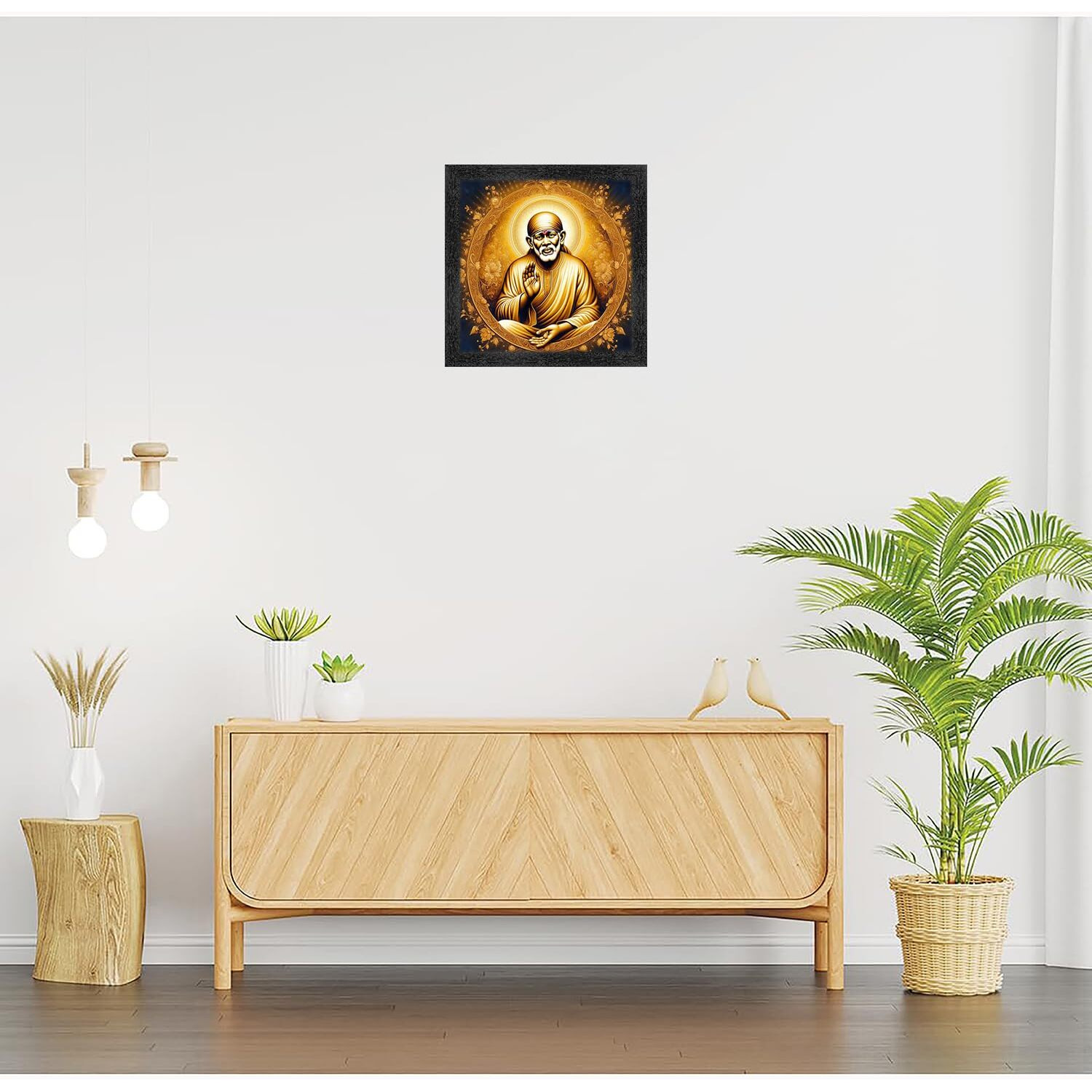Dharvika Innovations Saibaba Photo Frame, 14X14 Inch, Black Synthetic Frame With Sparkle Coated Lamination