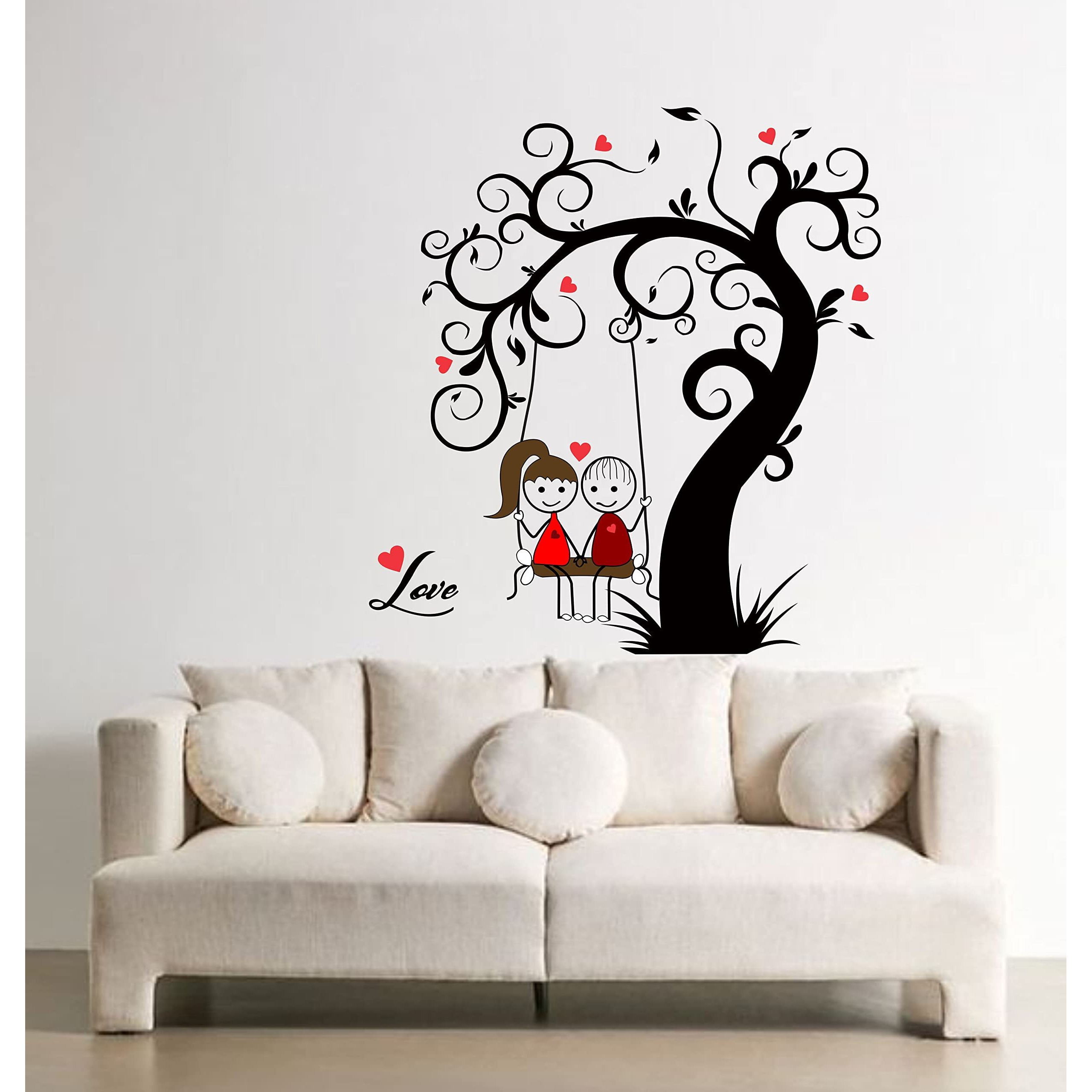 Dreamkraft Loving Couple Sitting On Swing Under A Tree Wall Sticker (Multicolor Pvc Vinyl 74 X 69Cm)
