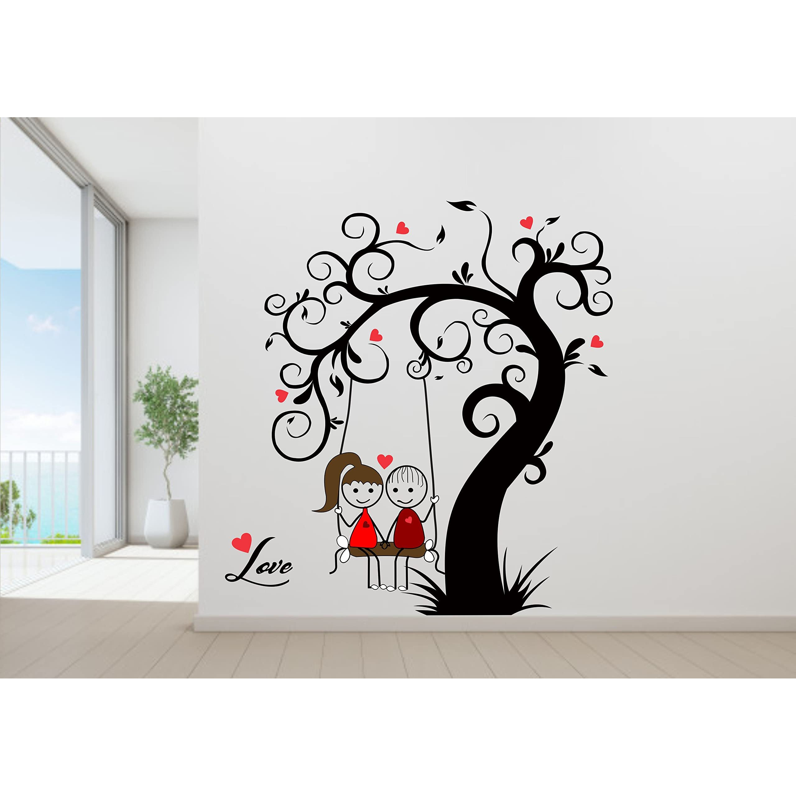 Dreamkraft Loving Couple Sitting On Swing Under A Tree Wall Sticker (Multicolor Pvc Vinyl 74 X 69Cm)