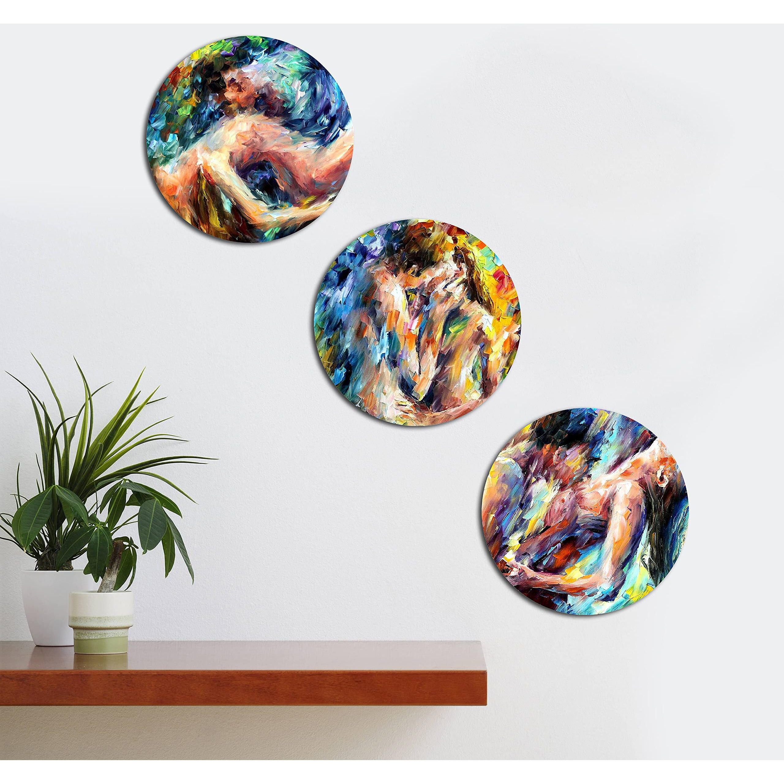 Kartik Round Wall Couple Oil Painting For Living Room With Wooden Frame And Without Glass (Multicolor, 11X11) - Set Of 3