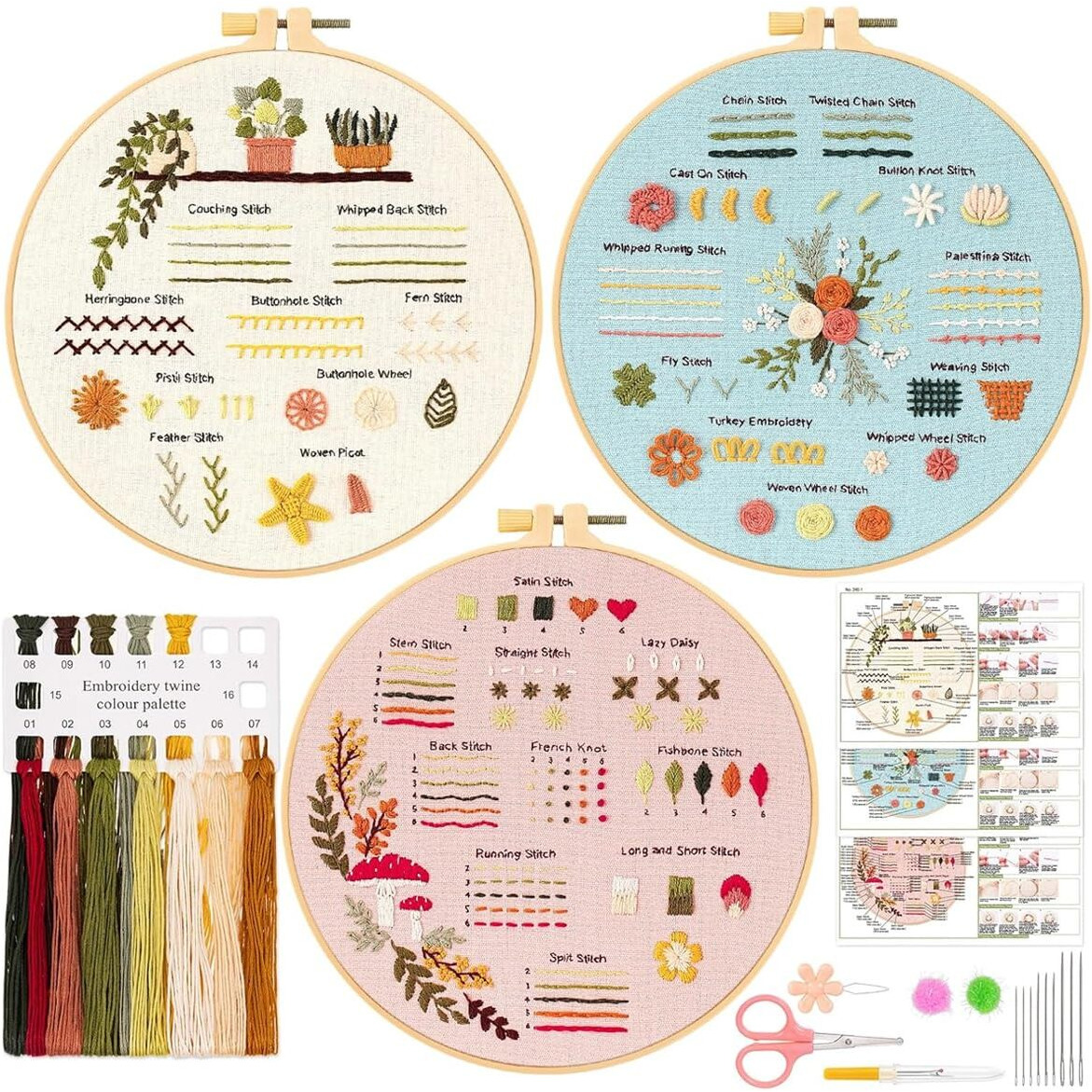Hasthip 3 Sets Diy Embroidery Kit For Beginners Pre-Embroideried Stitch Practice Kit For Beginners Adults, Stitch Practice Kit, Includes Cloth With Pattern, Hoop, Colorful Threads And Scissors