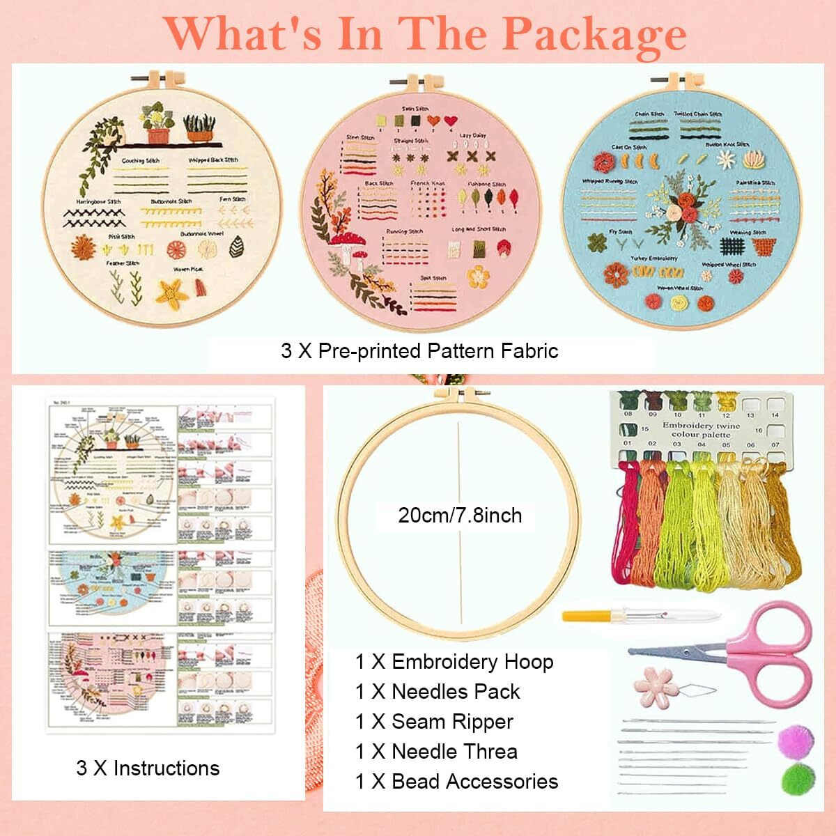 Hasthip 3 Sets Diy Embroidery Kit For Beginners Pre-Embroideried Stitch Practice Kit For Beginners Adults, Stitch Practice Kit, Includes Cloth With Pattern, Hoop, Colorful Threads And Scissors