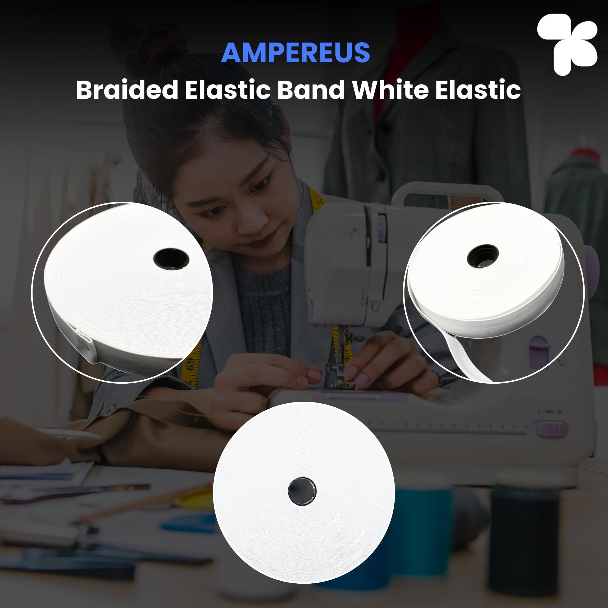 Ampereus | Braided Elastic Band White Elastic (15 Meters, 1 Inch) Cord Heavy Stretch High Elasticity Knit Elastic Band, Ideal For Tailoring/Sewing, Fashion Designing, Boutique, Stitching