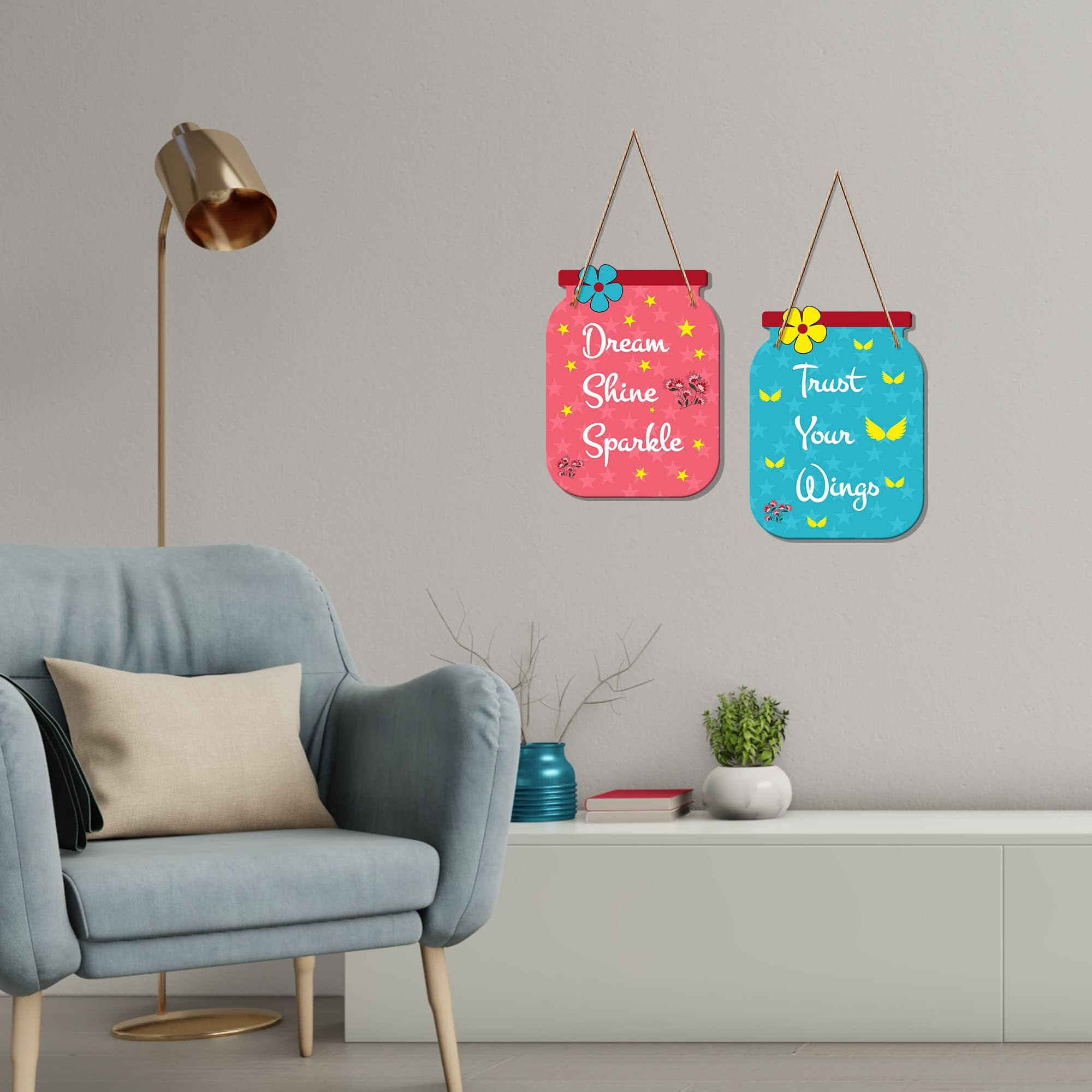 Artvibes Dream Shine Sparkle Quote Decorative Art Mdf Wooden Hanger For Living Room | Bedroom | Office | Gift | Wall Hanging For Home Decoration | Home Decor Items (Wh_6804N), Set Of 2