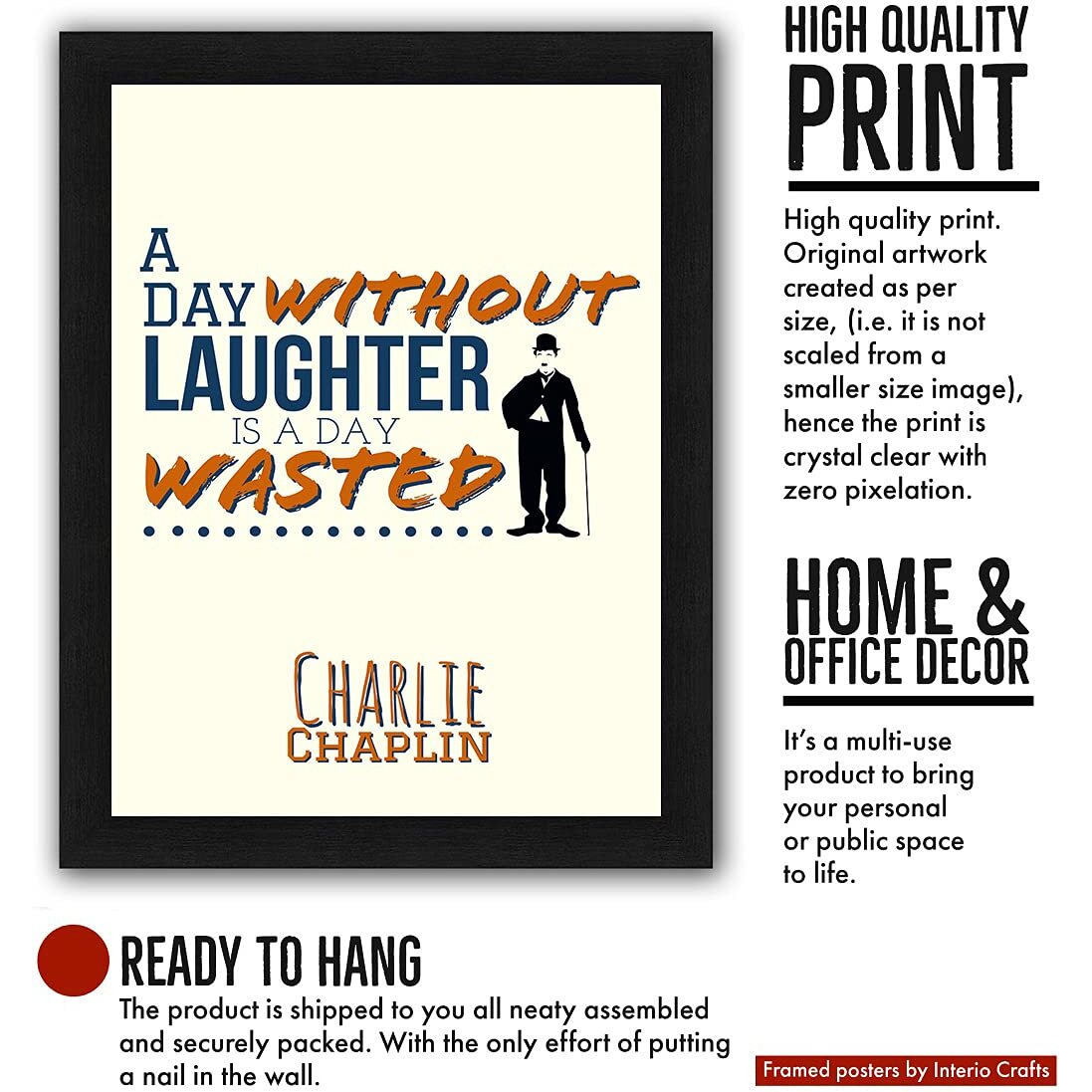 Interiocrafts Synthetic Wood Home Decor Charlie Chaplin Inspirational Motivational Poster (Frame Size 13 X 10 Inches, Black)