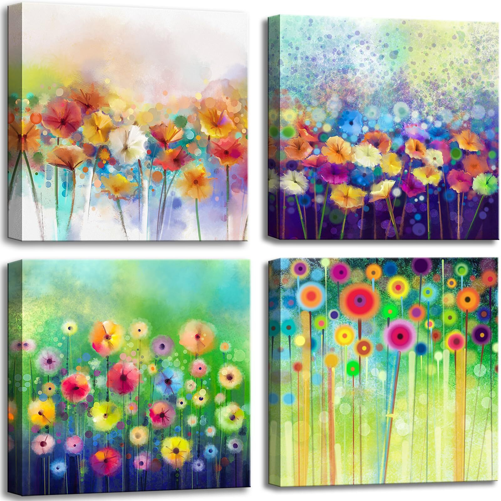Colorful Flowers Canvas Wall Art, Abstract Floral Artwork Painting Prints Modern Watercolor Pictures Framed For Living Room Bedroom Bathroom Office Home Decor - 12&quotX12"
