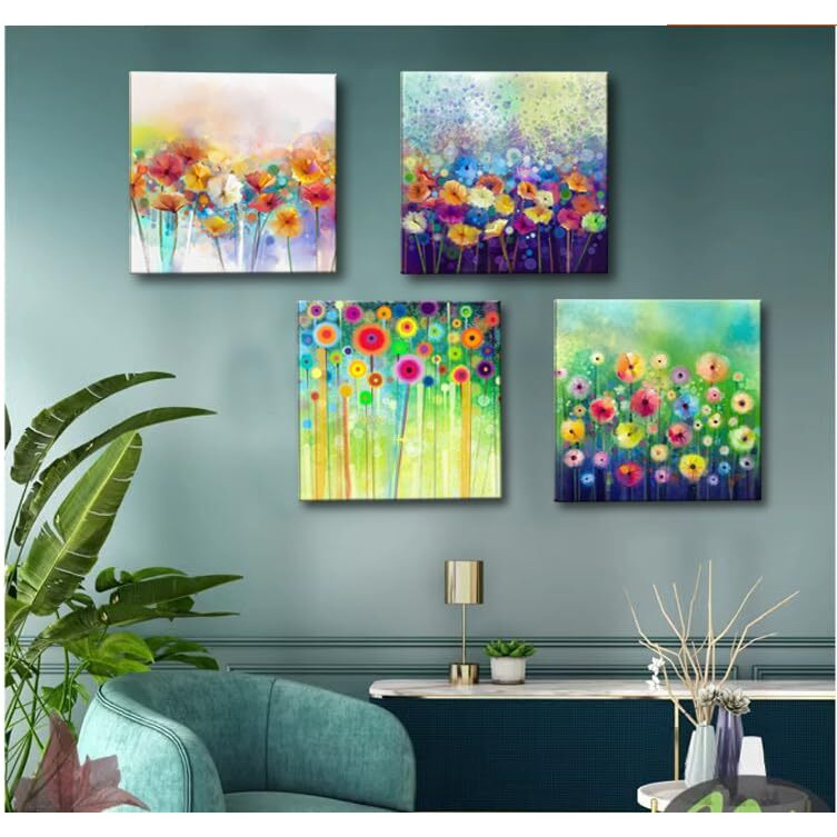 Colorful Flowers Canvas Wall Art, Abstract Floral Artwork Painting Prints Modern Watercolor Pictures Framed For Living Room Bedroom Bathroom Office Home Decor - 12&quotX12"