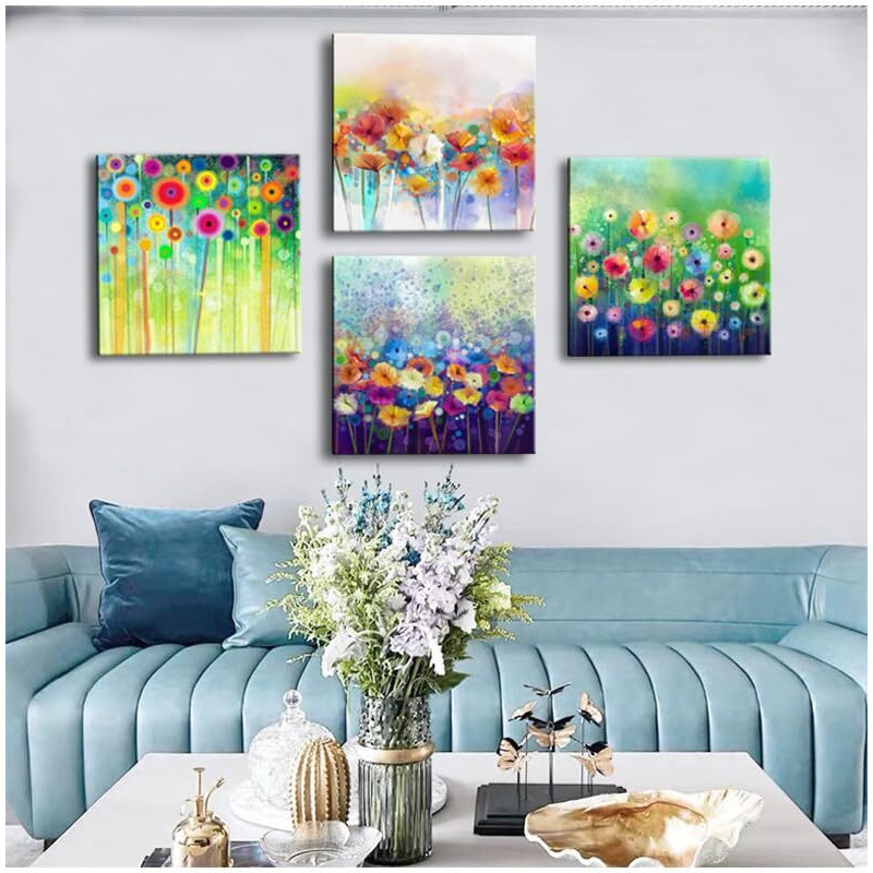 Colorful Flowers Canvas Wall Art, Abstract Floral Artwork Painting Prints Modern Watercolor Pictures Framed For Living Room Bedroom Bathroom Office Home Decor - 12&quotX12"