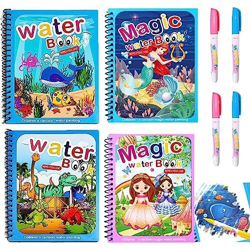 Qxndxq Water Colouring Book, Pack Of 4 Water Drawing Book, Children's Magic Colouring Book, Reusable Magic Colouring Books With 4 Water Pens For Children From 3 Boys And Girls