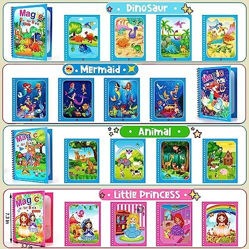 Qxndxq Water Colouring Book, Pack Of 4 Water Drawing Book, Children's Magic Colouring Book, Reusable Magic Colouring Books With 4 Water Pens For Children From 3 Boys And Girls