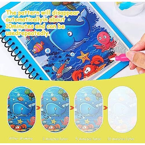 Qxndxq Water Colouring Book, Pack Of 4 Water Drawing Book, Children's Magic Colouring Book, Reusable Magic Colouring Books With 4 Water Pens For Children From 3 Boys And Girls
