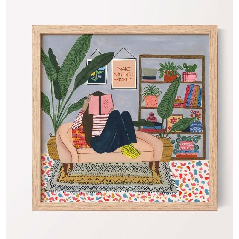 The Spring Palette | Make Yourself A Priority - Modern Wall Painting | Self Love Theme | Modern Art Painting For Living Room Bed Room And Office | 10 X 10 Inches, Natural Frame