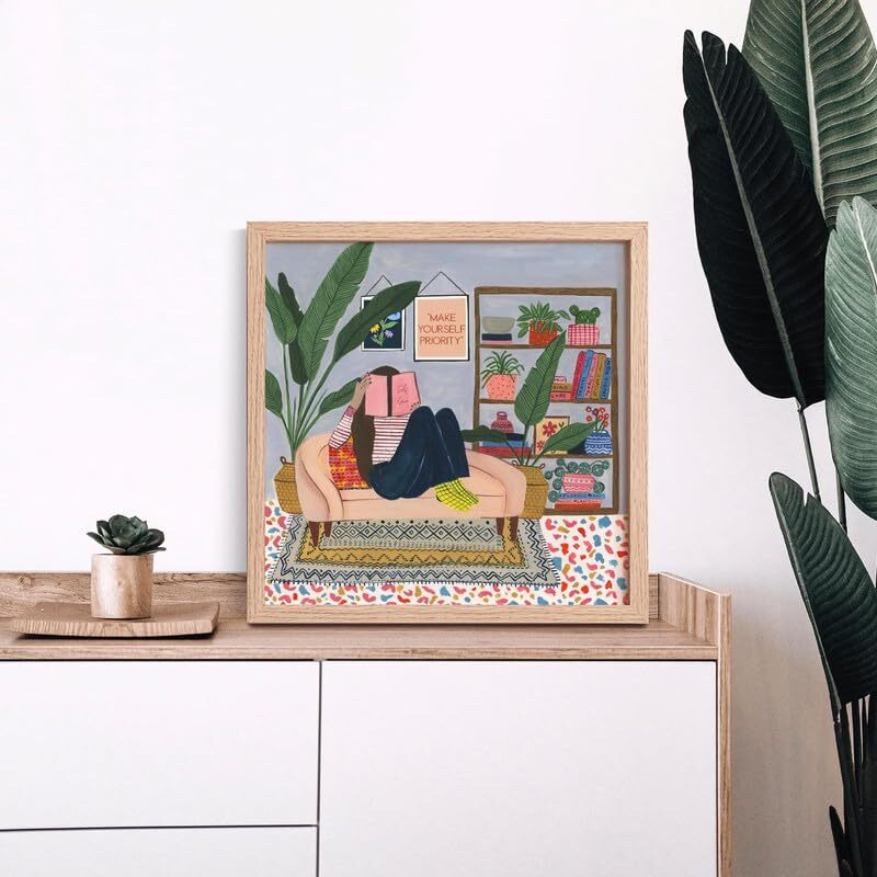The Spring Palette | Make Yourself A Priority - Modern Wall Painting | Self Love Theme | Modern Art Painting For Living Room Bed Room And Office | 10 X 10 Inches, Natural Frame