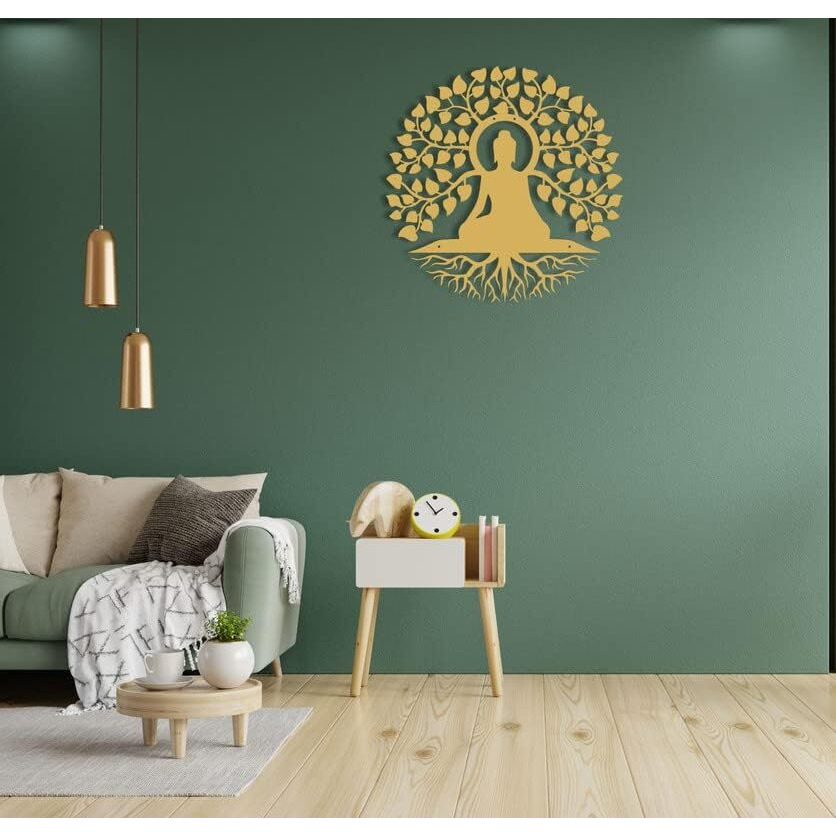 Avvic Mart He Art Of Ingenuity Metal Buddha Hanging Wall Decor Art, Stylish Home Decoration Items For Living Room (40Cm, Gold)