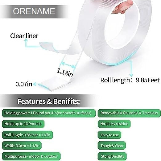 Orename Jal Double Sided Tape Heavy Duty Strong And Sticky Adhesive Reusable Strong Wall Tape Multipurpose Removable Clear & Tough Mounting Tape Picture Hanging Strips Poster Carpet Tape (1)