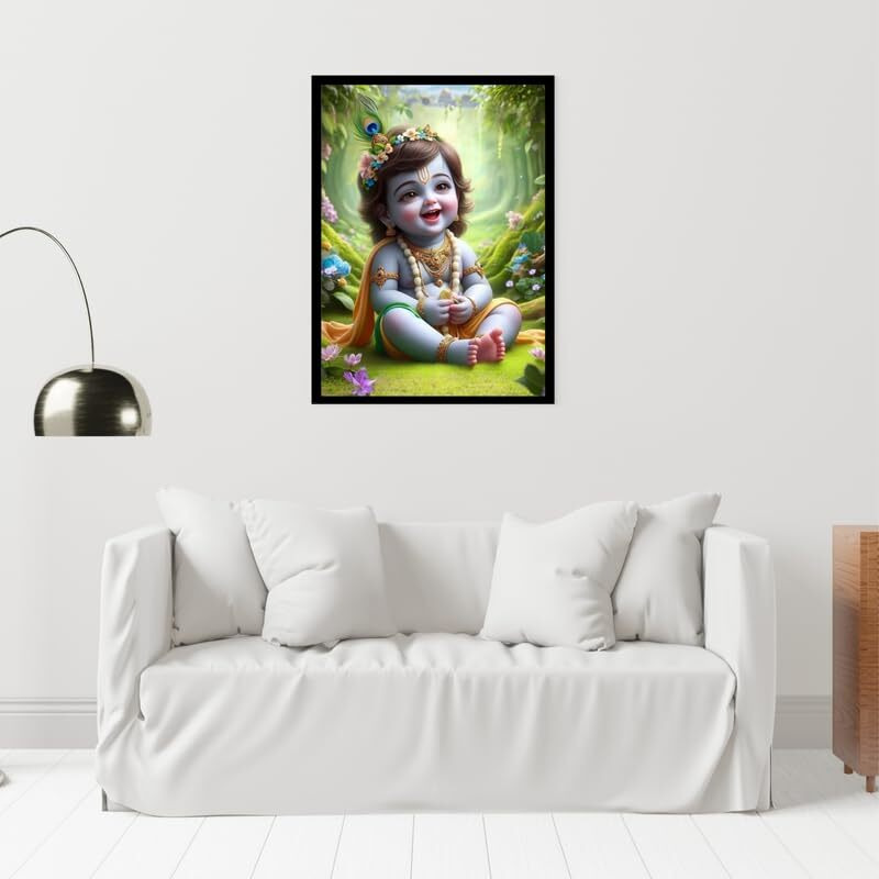Divaframes Baby Krishna Photo Frame  10X14 Inch Bal Gopal Painting For Wall Decoration, Makhan Chor Art For Pooja Room & Pregnant Women