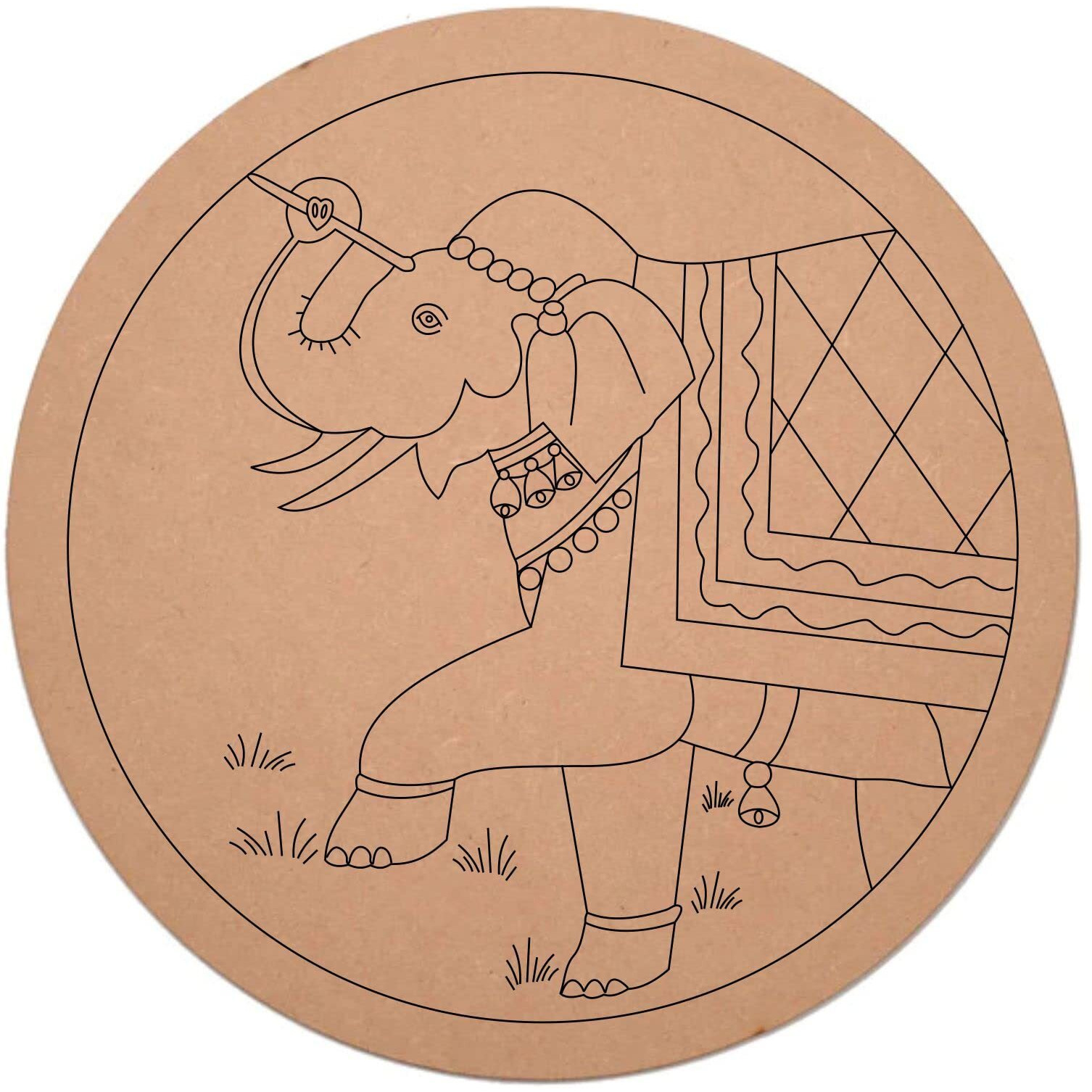 Asmi Collecions Premarked Round Mdf Elephant In Garden Grass Pre Marked Wooden Base Cutouts For Diy Craft Work, Home Decoration (10 Inch)