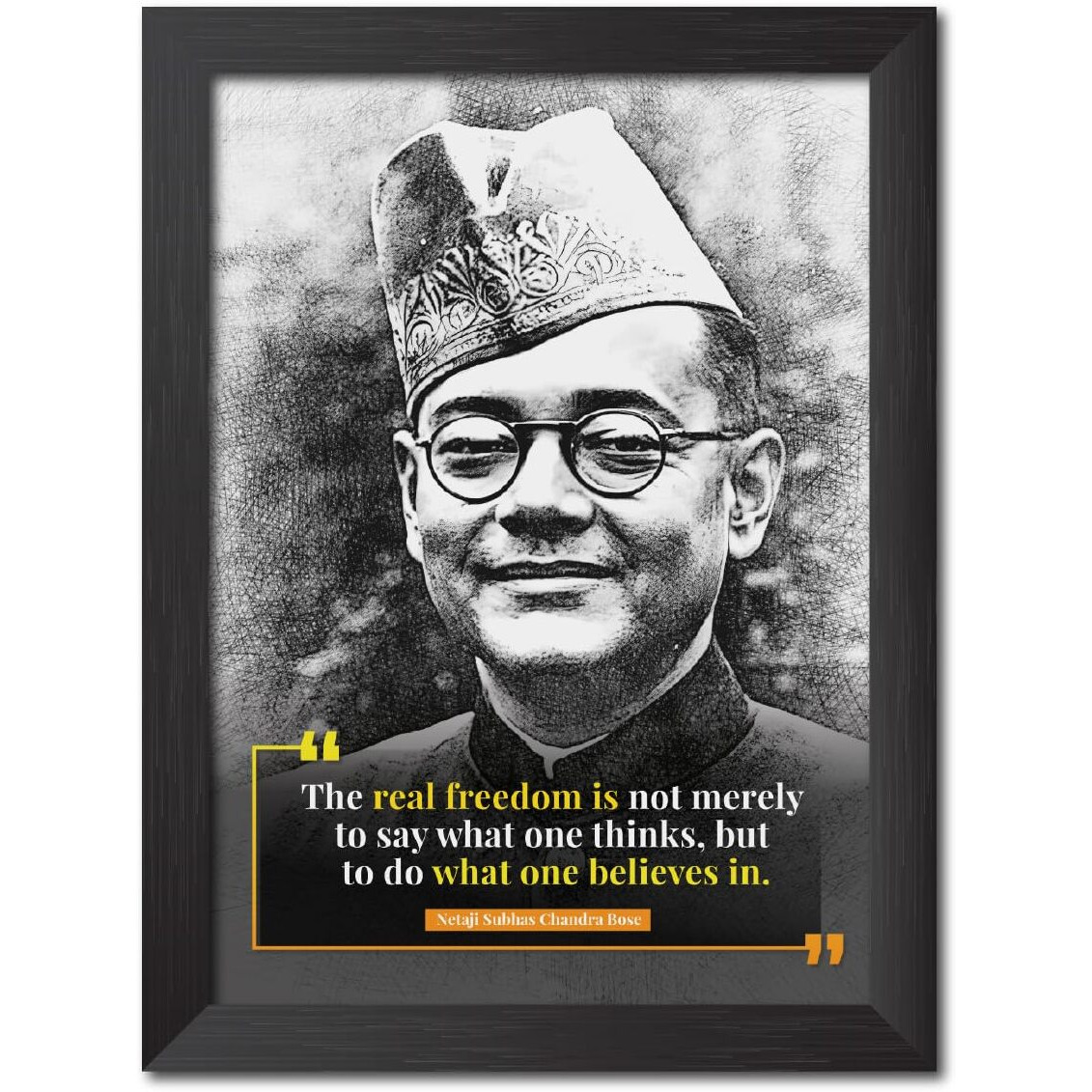 Tenorarts Netaji Subhas Chandra Bose Photo Frame Motivational Quotes Sketch Drawing Laminated Print Painting With Dark Color Matt Finish Textures (12 Inches X 9 Inches)