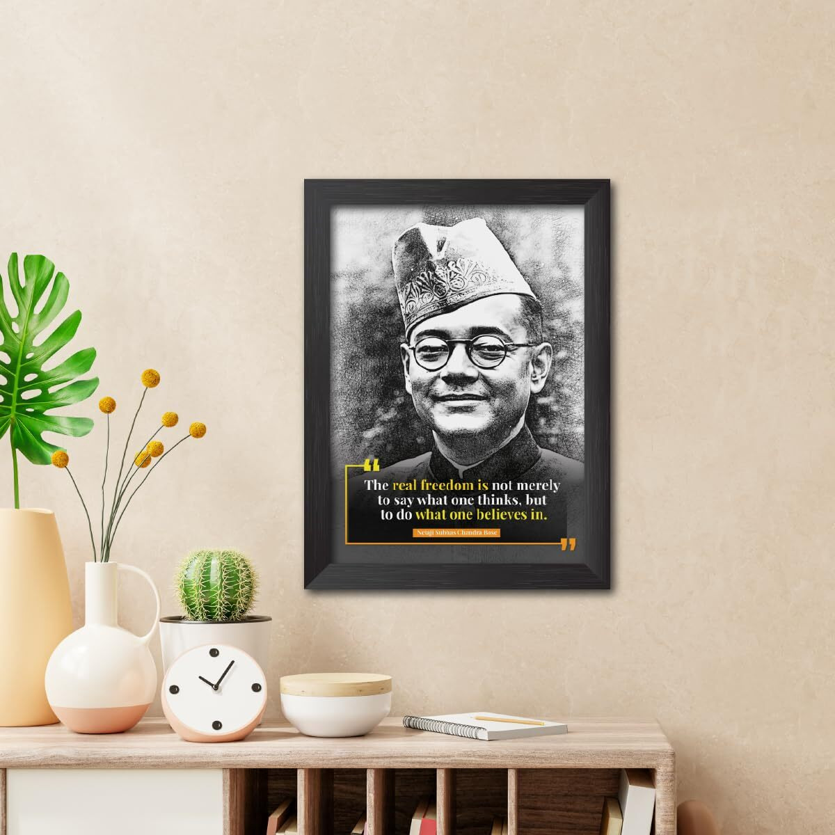 Tenorarts Netaji Subhas Chandra Bose Photo Frame Motivational Quotes Sketch Drawing Laminated Print Painting With Dark Color Matt Finish Textures (12 Inches X 9 Inches)