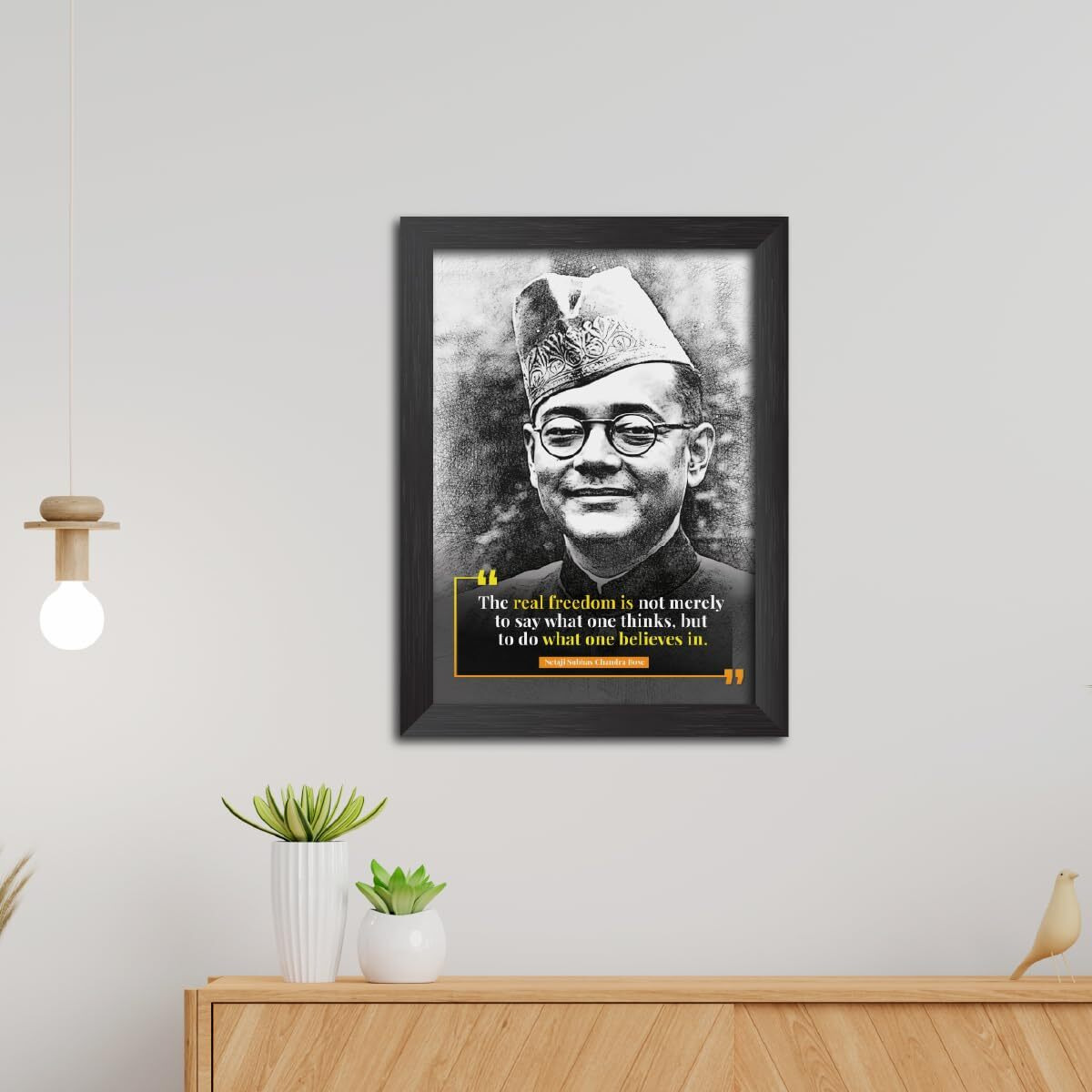 Tenorarts Netaji Subhas Chandra Bose Photo Frame Motivational Quotes Sketch Drawing Laminated Print Painting With Dark Color Matt Finish Textures (12 Inches X 9 Inches)