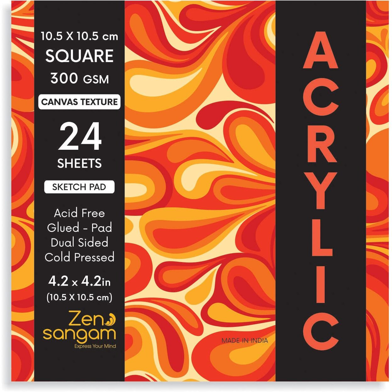 Zen Sangam Artists Square Acrylics Glued Sketch Paper Pad - 300Gsm, Cold Pressed, (24 Sheets) - Canvas Texture Surface (10.5Cm X 10.5Cm) For Acrylics,Tempera,Poster Paint,Heavy-Body Paints,Oil Paints