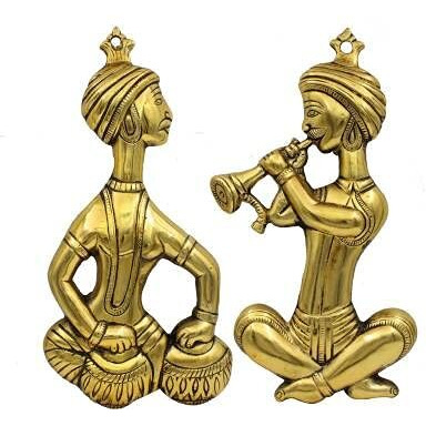 Fashion Bizz Set Of 2 Musicians Metal Wall Hanging Decorative Showpiece - 32 Cm (Metal, Gold)