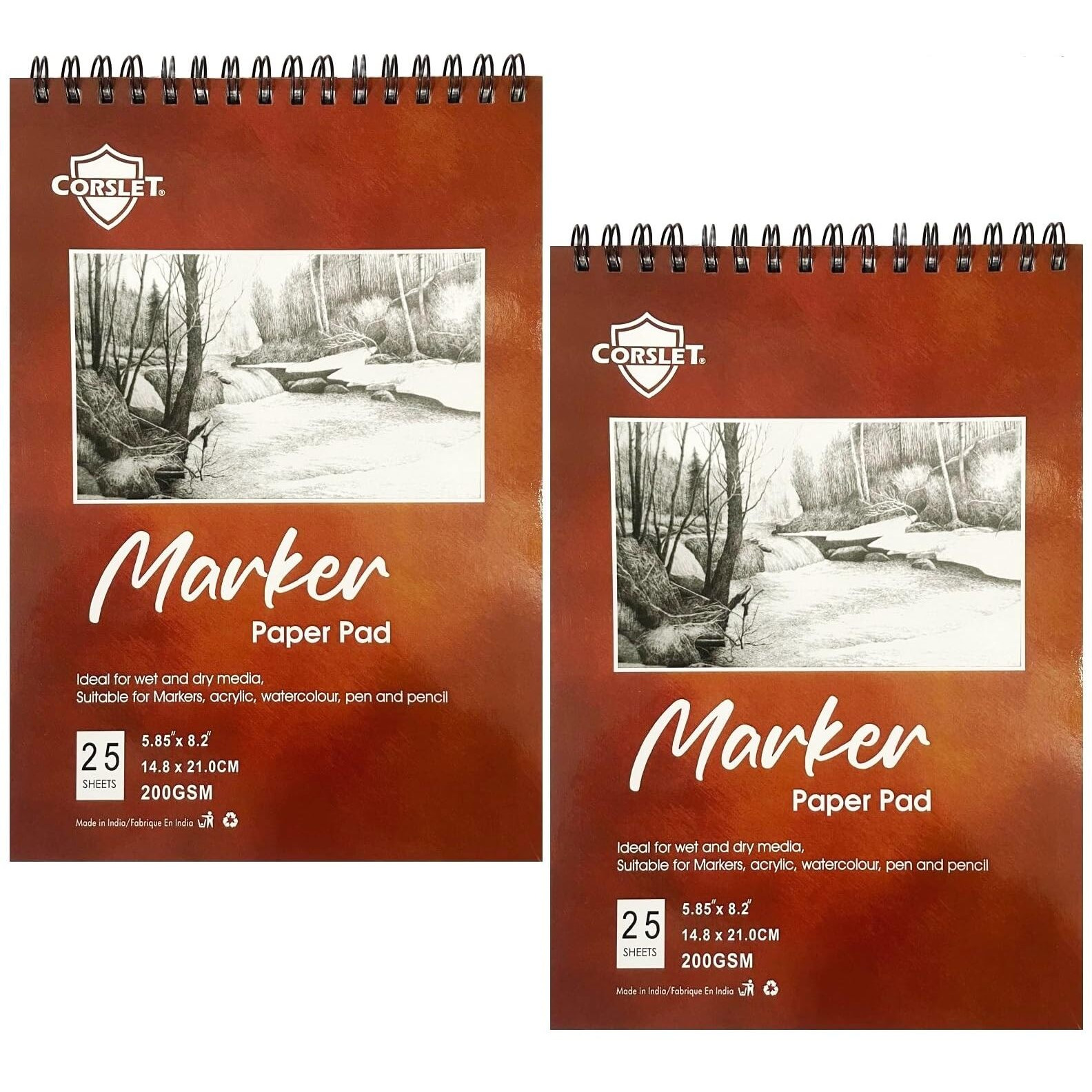Corslet (Pack Of 2) Mixed Media Sketch Pad 5.85 X 8.2 Inches 25 Sheets 200Gsm Drawing Papers Spiral Bound Hardcover Sketchbook For Wet And Dry Media Markers Watercolour Acrylic Paint Drawing Painting
