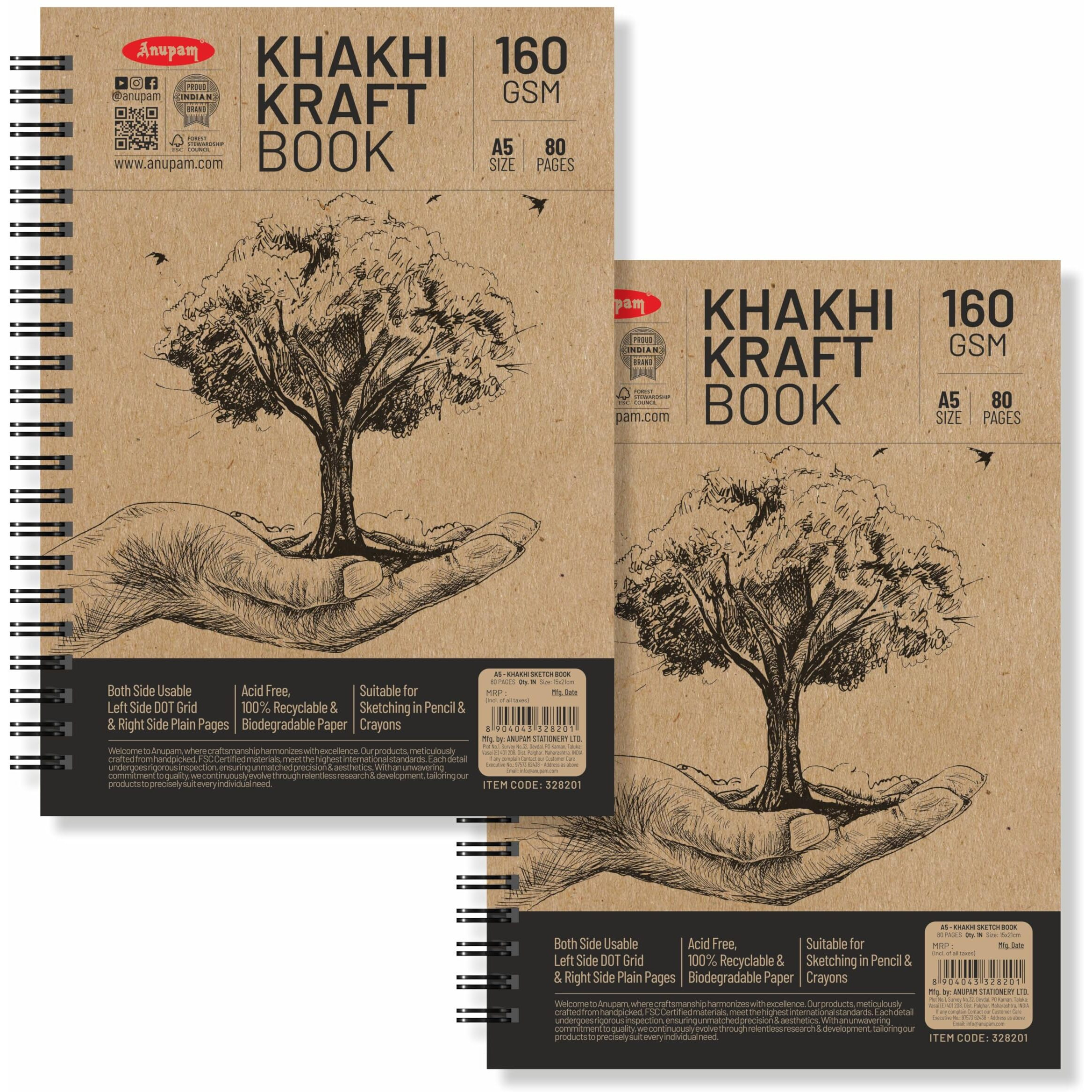 Anupam Khakhi 100% Recycled Kraft Wire-O Book A5 160Gsm 80 Pages One Side Dot Grid And Other Side Plain For Artists, Kids & Professionals (Pack Of 2)