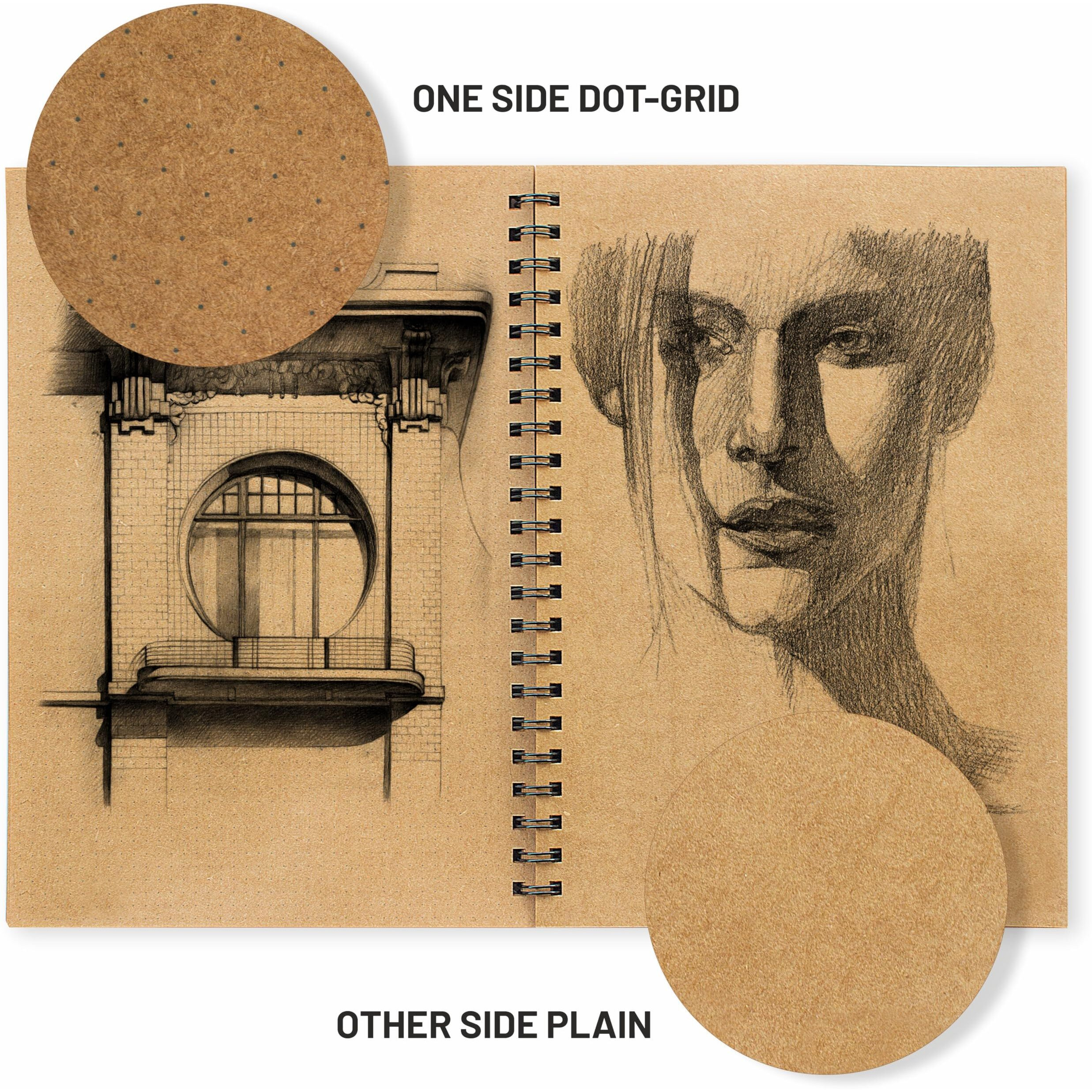 Anupam Khakhi 100% Recycled Kraft Wire-O Book A5 160Gsm 80 Pages One Side Dot Grid And Other Side Plain For Artists, Kids & Professionals (Pack Of 2)