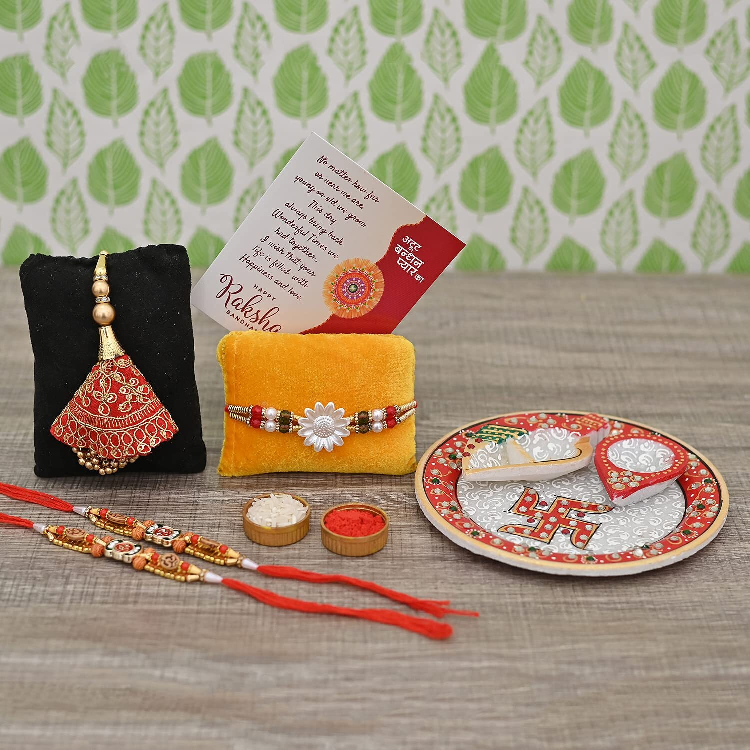 Craftam Rakhi Gifts For Brother Combo Set- Marble Pooja Thali, Raksha Bandhan Greeting, Roli Rice Pack And 4 Rakhi (For Bhaiya, Bhabi And 2 Kids)