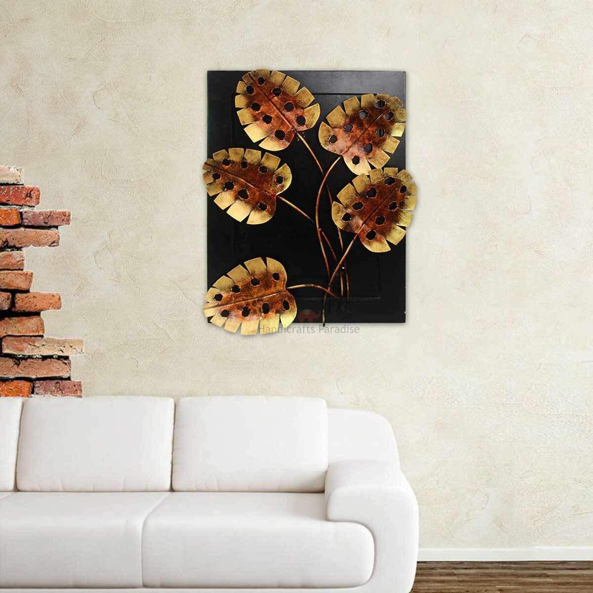 Handicrafts Paradise Wrought Iron Decorative Leaves Wall Art (Antique Golden And Black Base, 15 X 20 Inches)