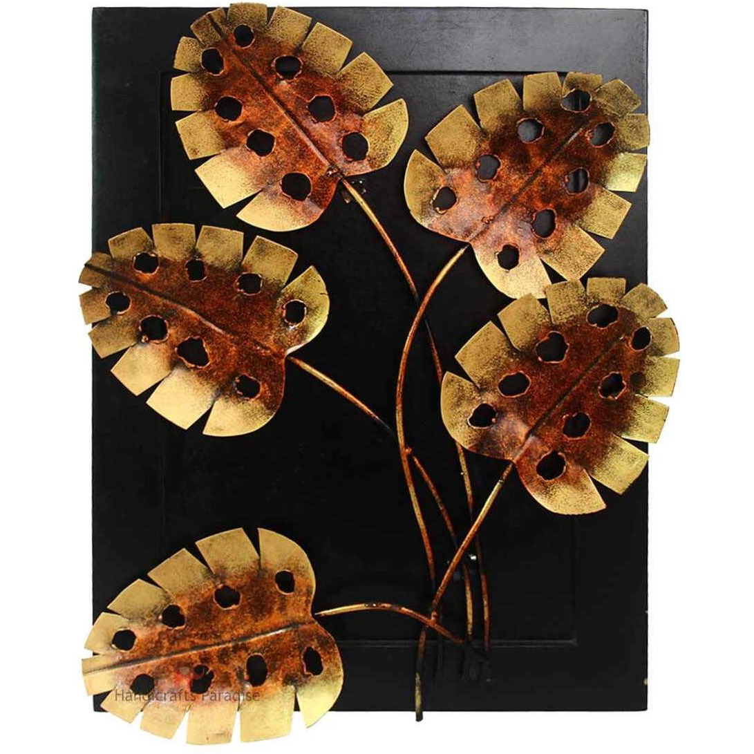 Handicrafts Paradise Wrought Iron Decorative Leaves Wall Art (Antique Golden And Black Base, 15 X 20 Inches)