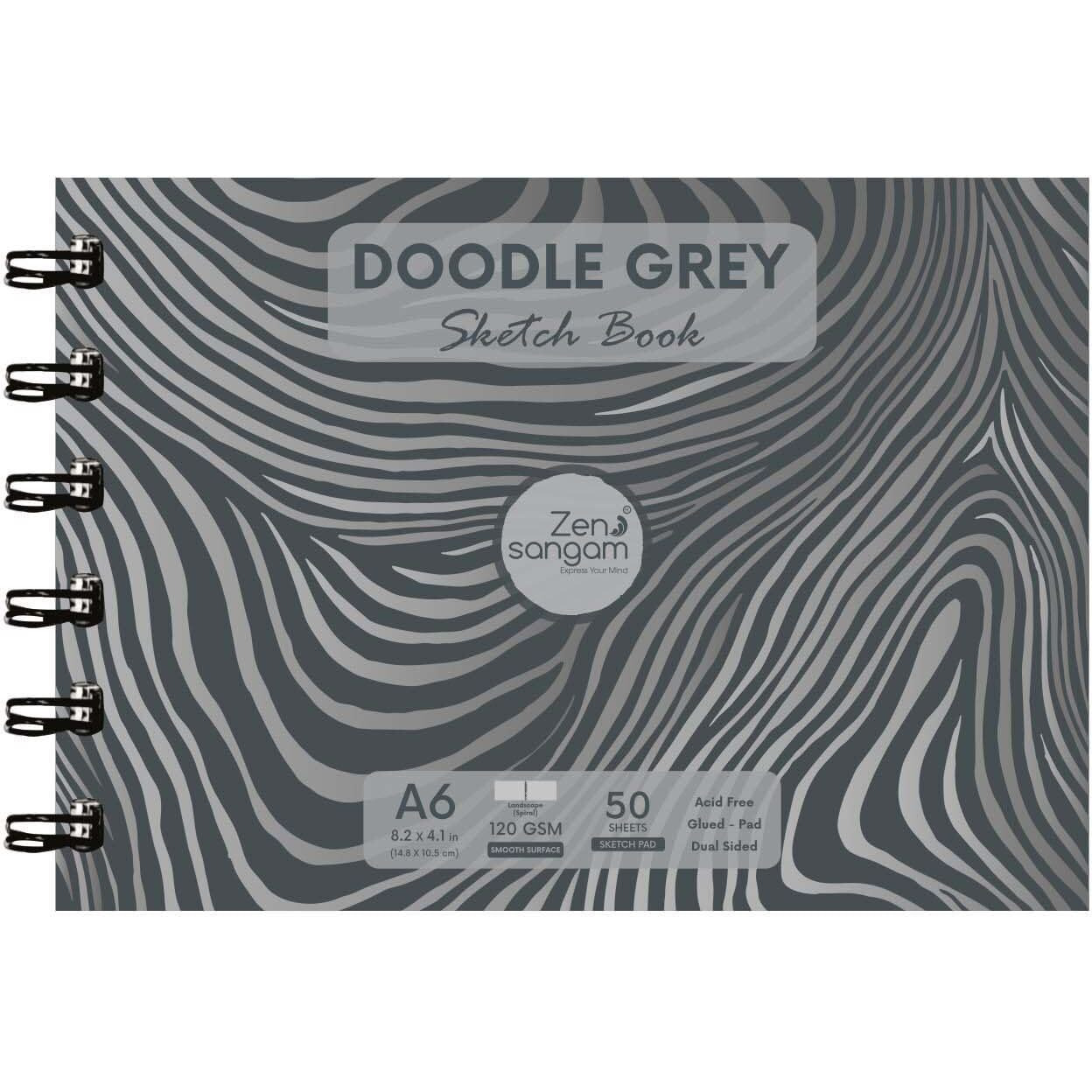 Zen Sangam Artists A6 Spiral 120 Gsm Grey Toned Paper Sketchbook - Landscape - Smooth Surface - 50 Sheets | Size (14.8X110.5Cm) For Color Pencils,Fineliners,Crayons,Oil Pastels,Wax Crayons,Charcoal