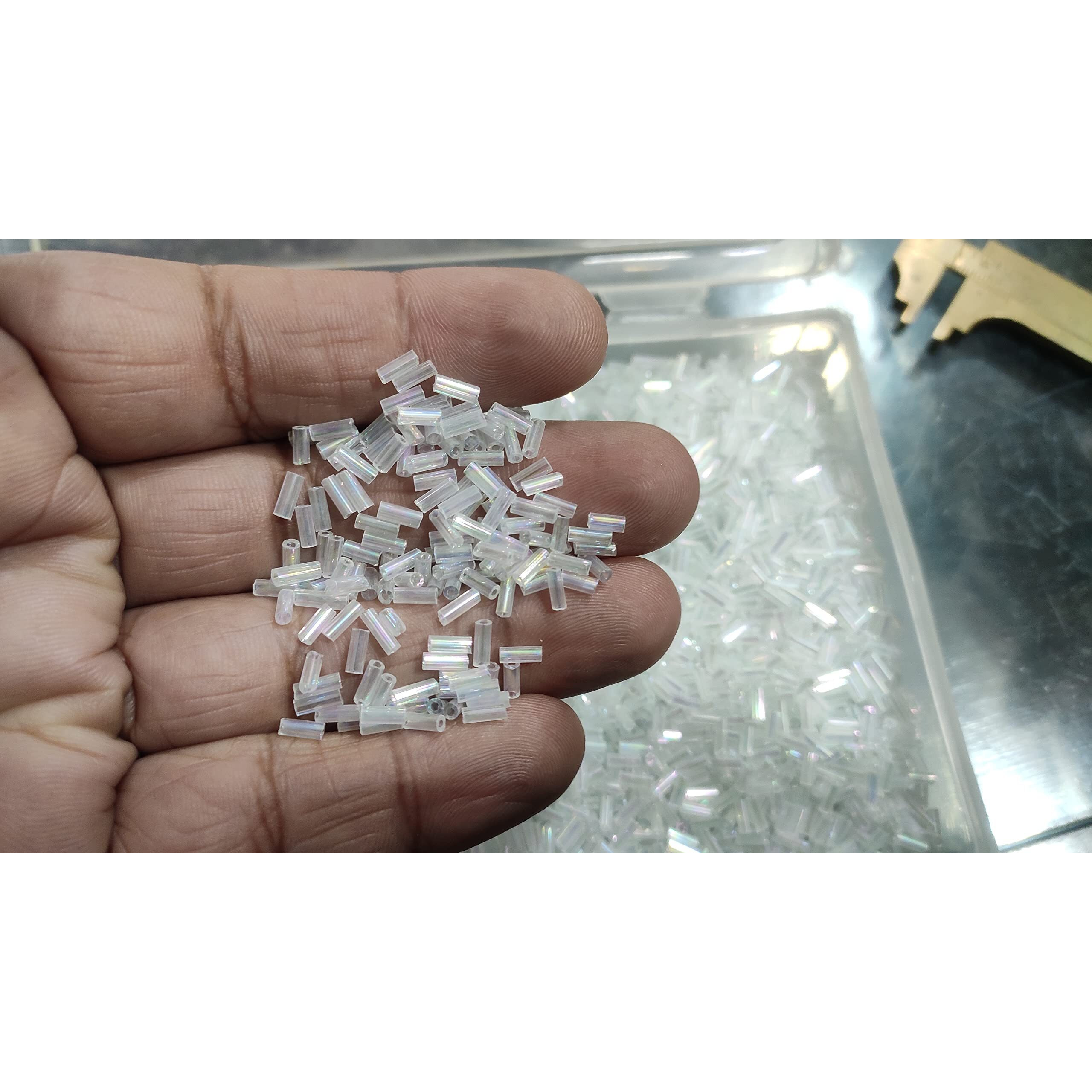 Omx, Crystal Pipe/Bugle Beads/Glass Seed Beads (6Mm X 2Mm) (200 Grams) Standard Quality, For Jewellery Making, Beading, Arts And Crafts And Embroidery. (Silver Rainbow)