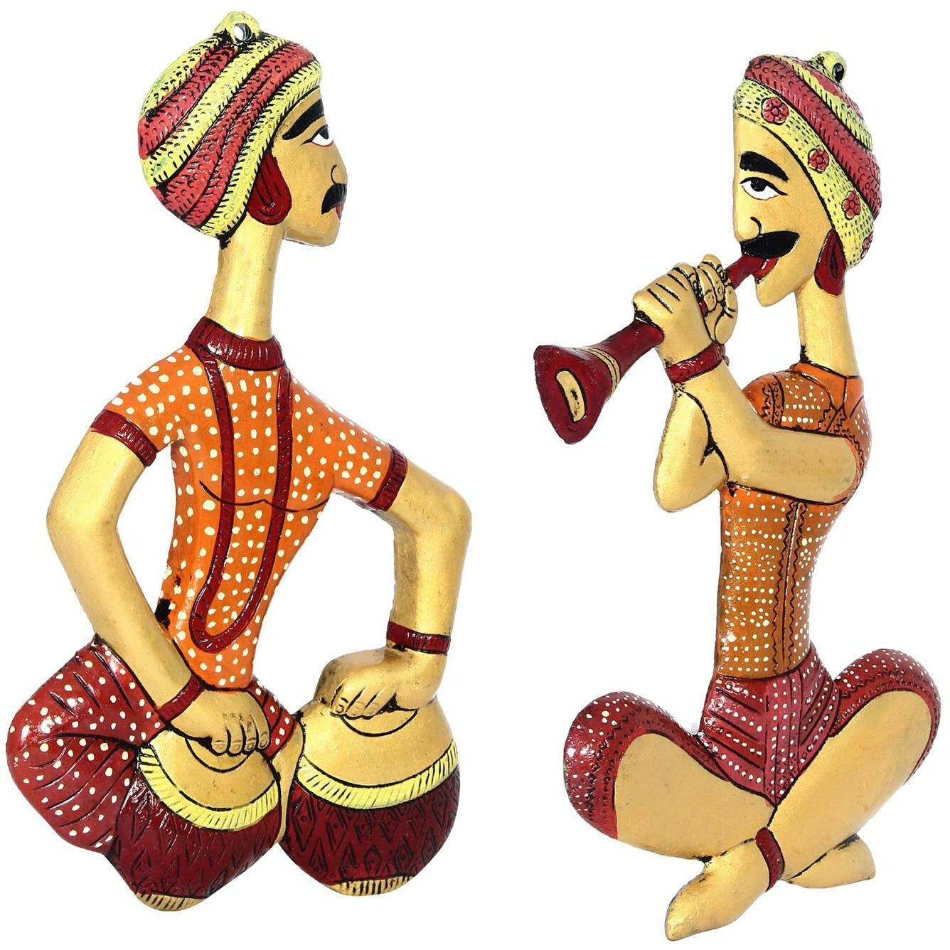 Handicrafts Paradise Metal Indian Men Playing Musical Instruments Wall Hanging Figurine, Multicolours, 13.75 Inch, 2 Pcs