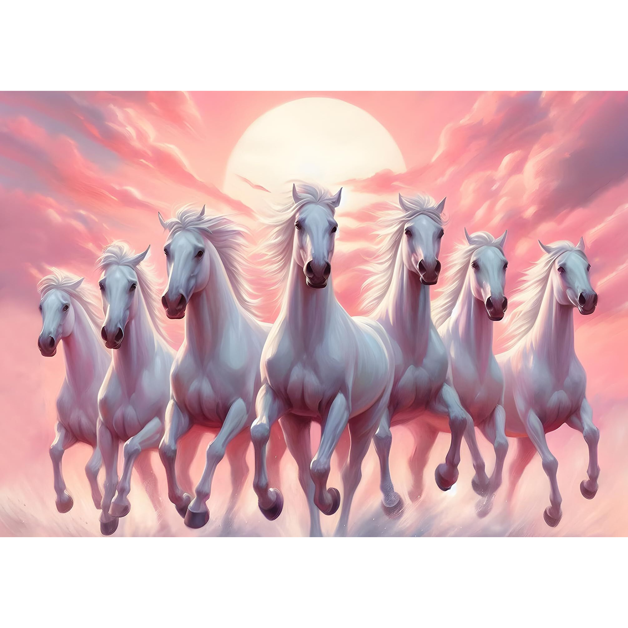 7 Horse Poster For Wall | 7 Horses Wall Stickers | 7 Horses Vastu Poster Big Size With Sunrise | 7 Horse Sticker For Wall Decor | Lucky 7 Horses Posters For Living Room Decoration (Peach Pink)